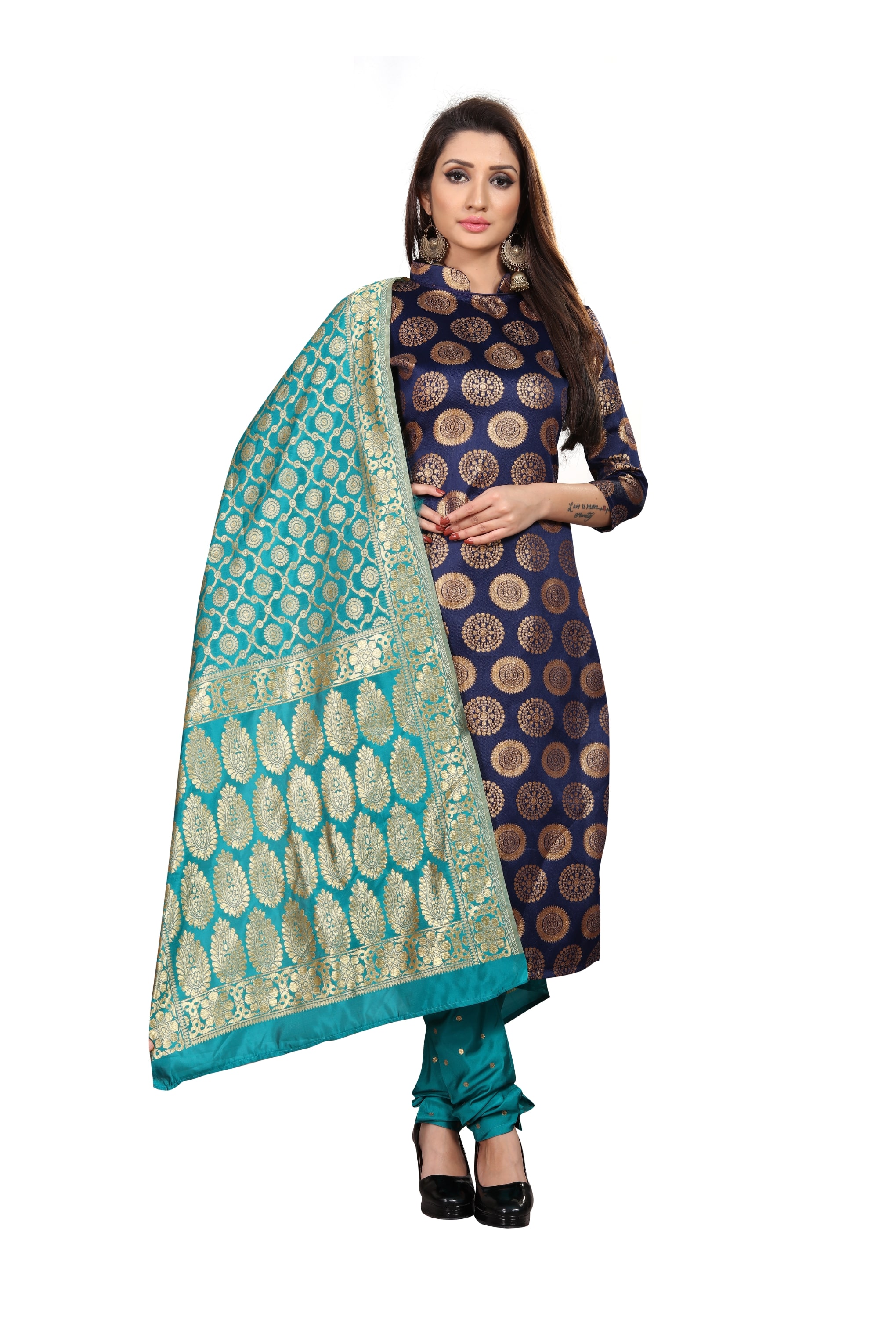 

Anand Sarees Green Blue Unstitched Kurta with bottom dupatta With dupatta Dress Material