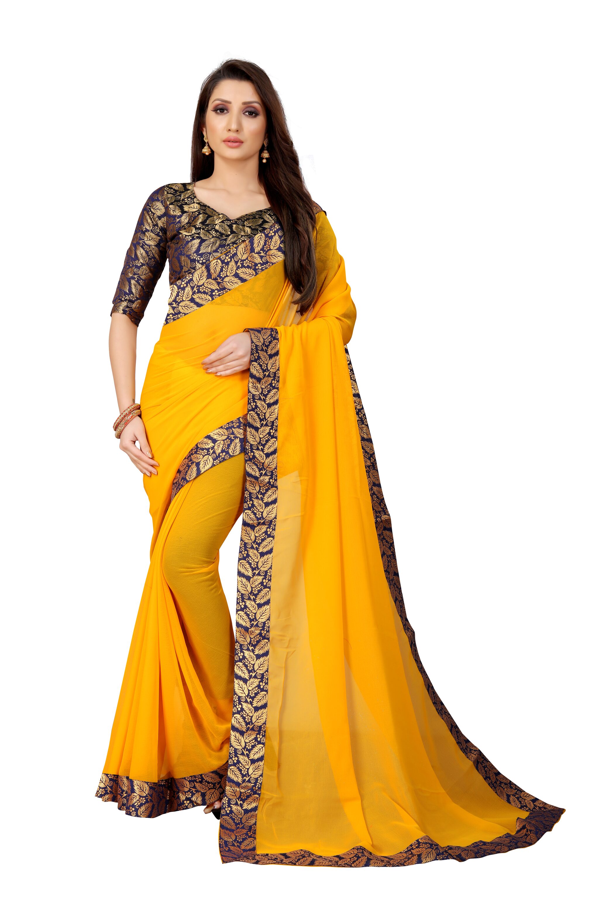 

Anand Sarees Chiffon Solid Yellow Regular Saree For Women