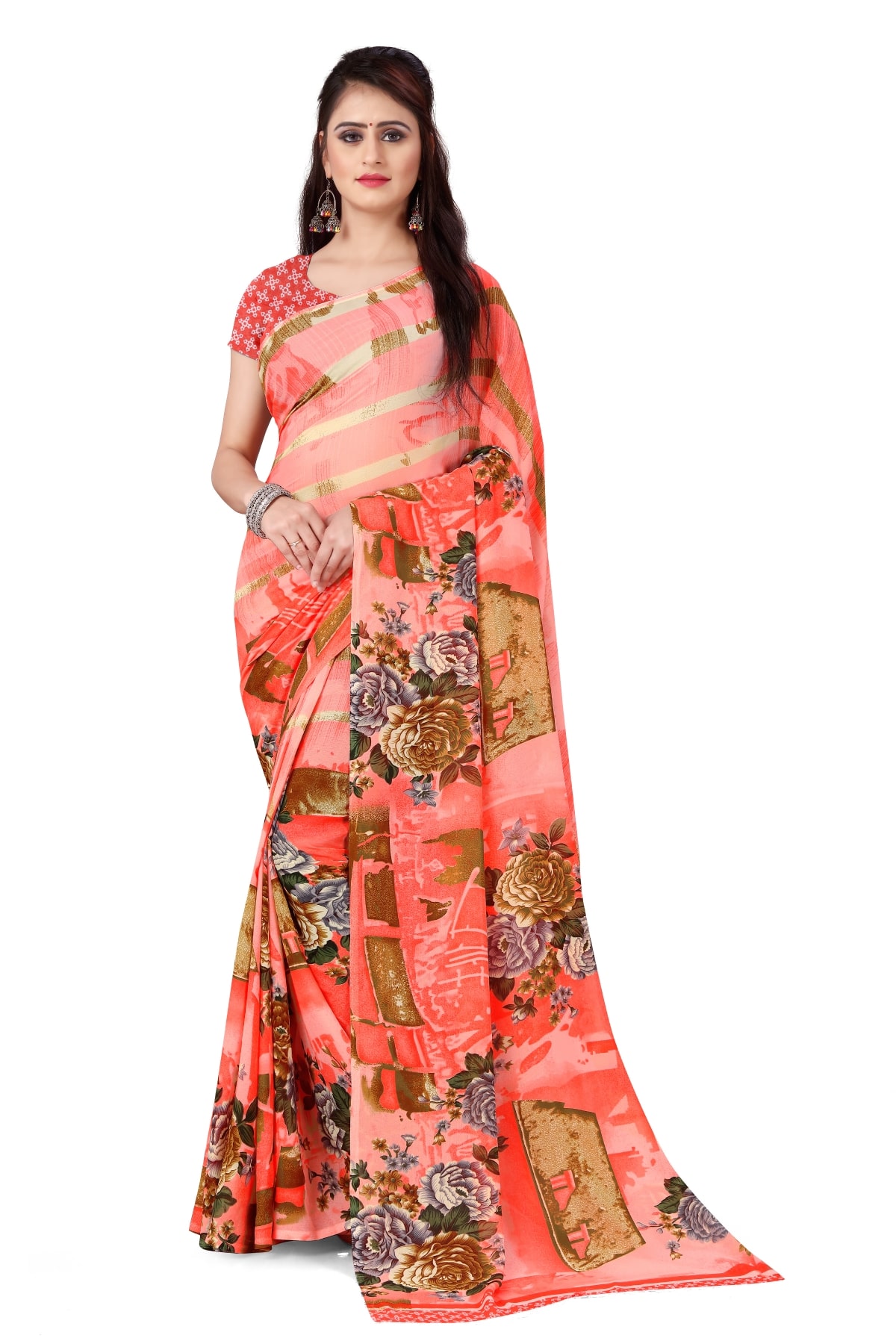 

Anand Sarees Faux Georgette Floral Orange Color Saree with Blouse Piece