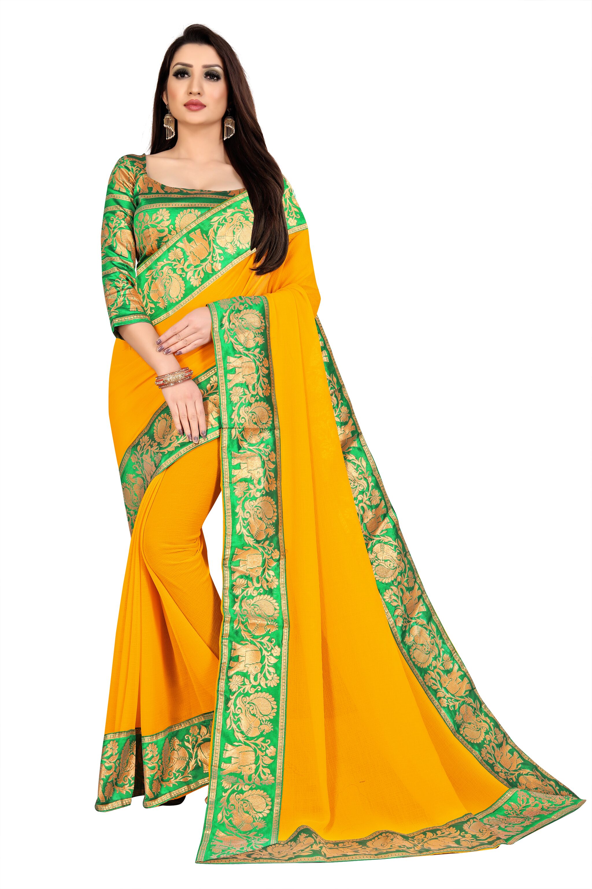 

Anand Sarees Chiffon Solid Yellow Regular Saree For Women