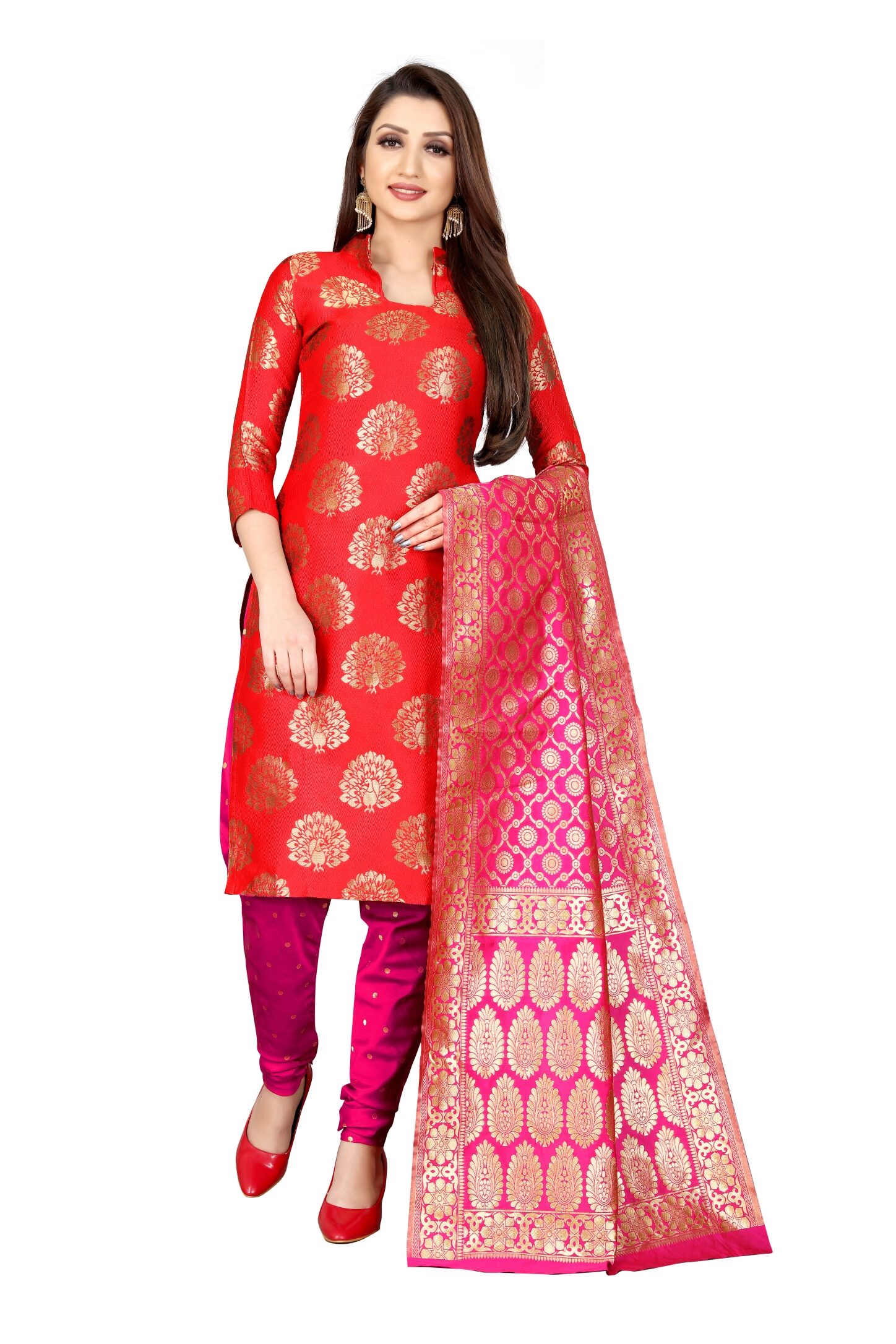 

Anand Sarees Red Unstitched Kurta with bottom dupatta With dupatta Dress Material