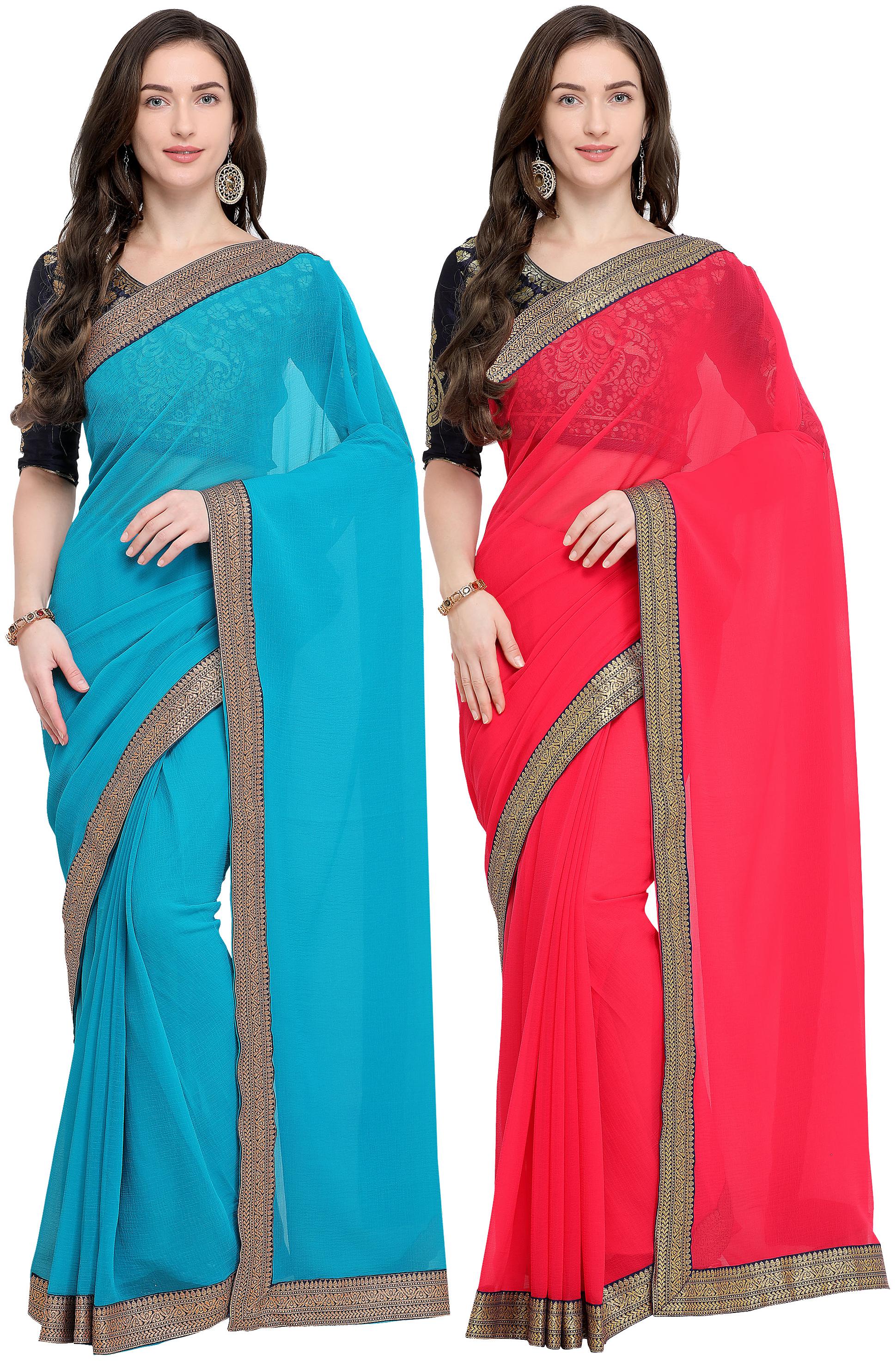 

Anand Sarees Women Chiffon sarees Blue Pink