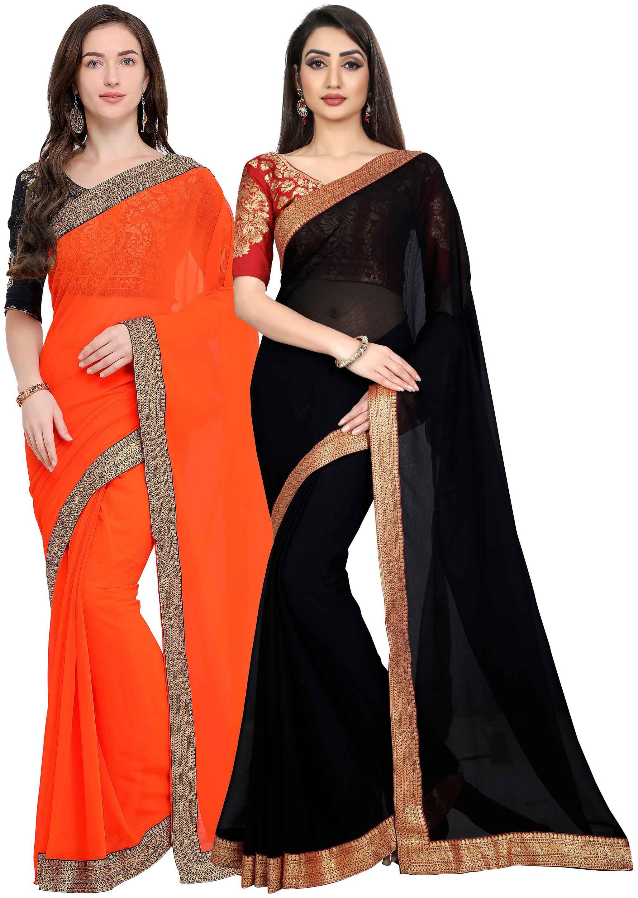 

Anand Sarees Women Chiffon sarees Orange Black