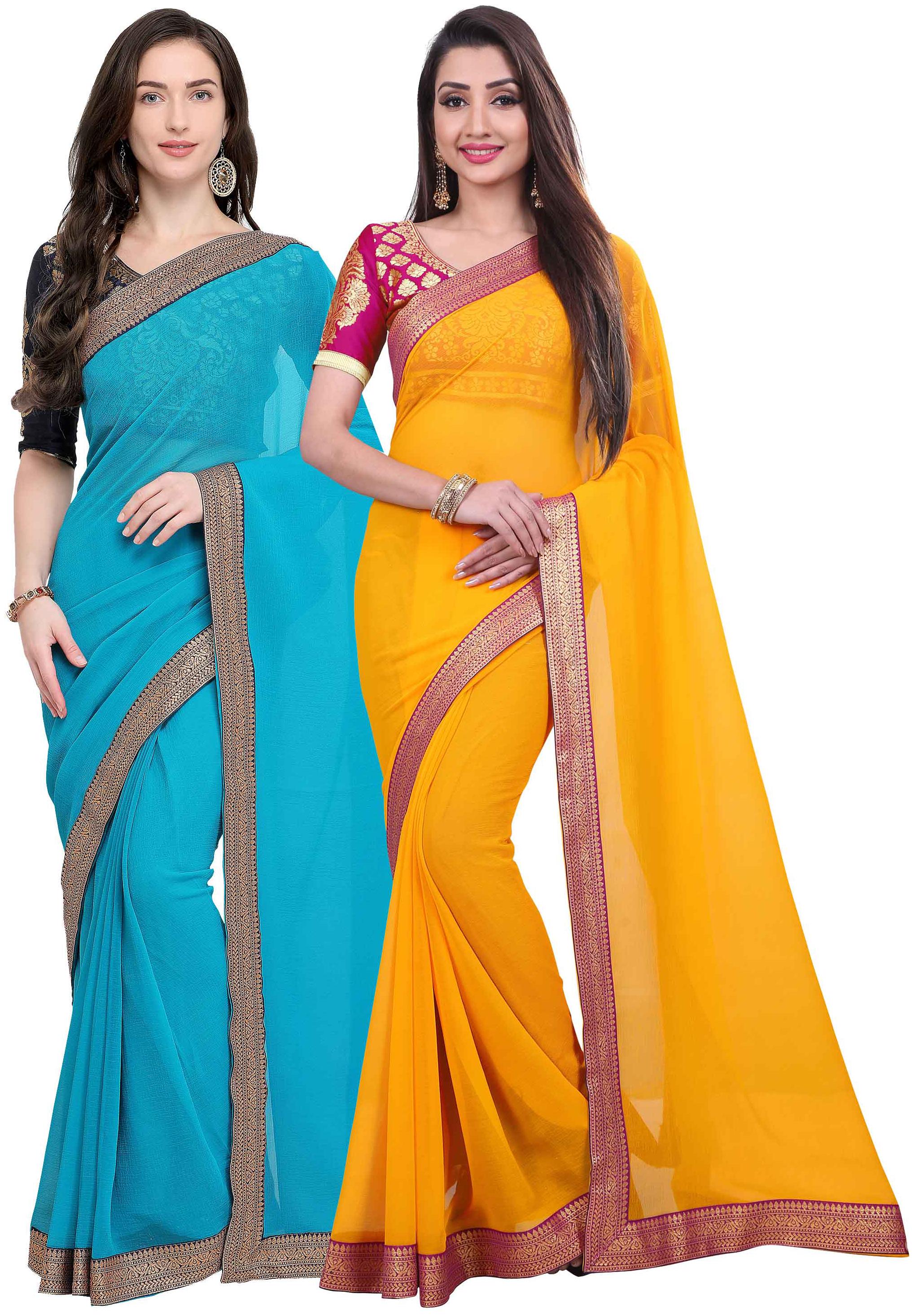 

Anand Sarees Women Chiffon sarees Blue Yellow