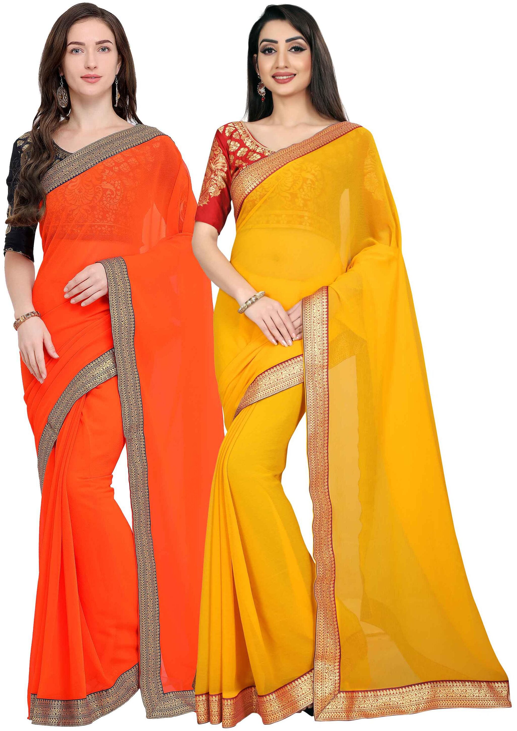 

Anand Sarees Women Chiffon sarees Orange Yellow