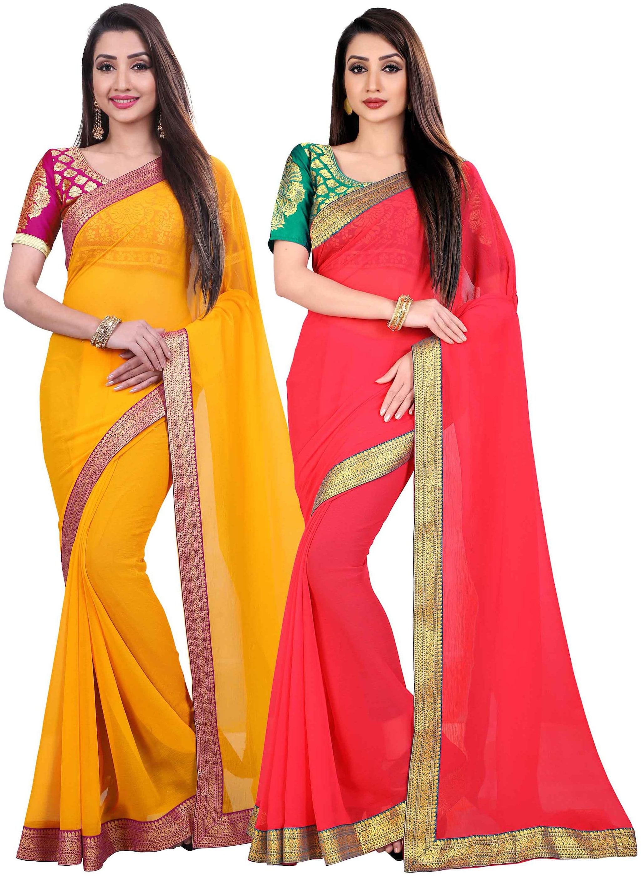 

Anand Sarees Women Chiffon sarees Yellow Pink