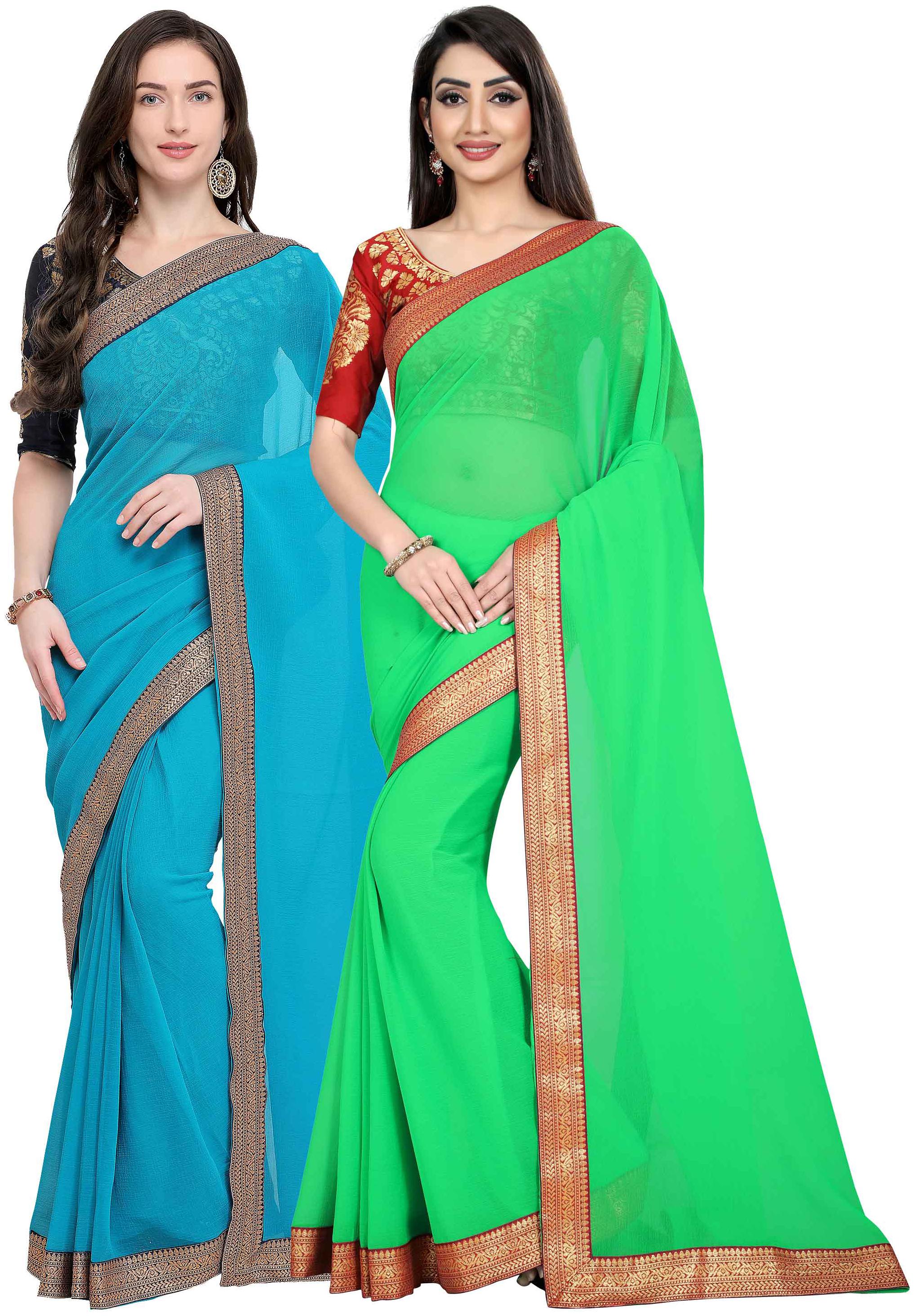 

Anand Sarees Women Chiffon sarees Blue Green