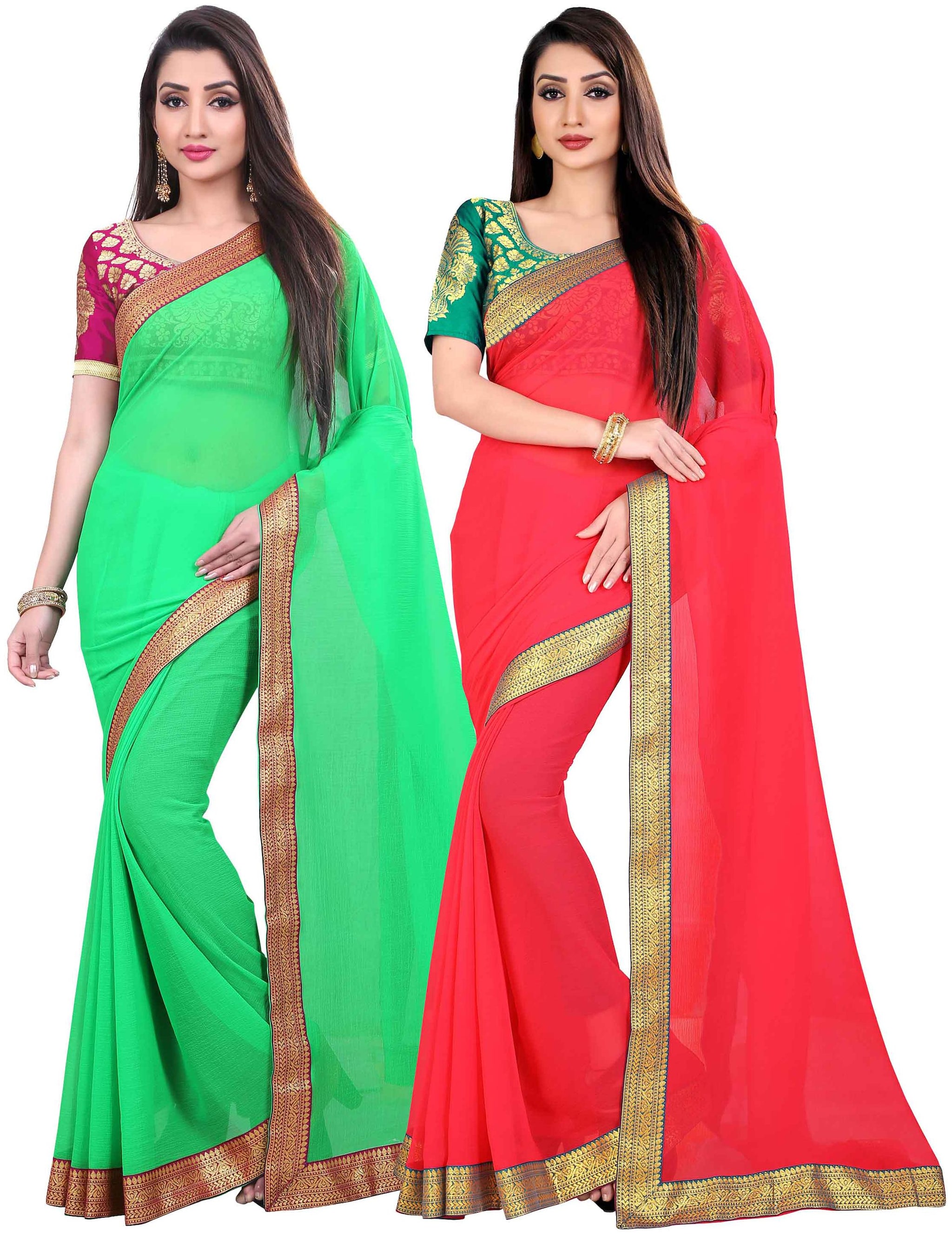 

Anand Sarees Women Chiffon sarees Green Pink