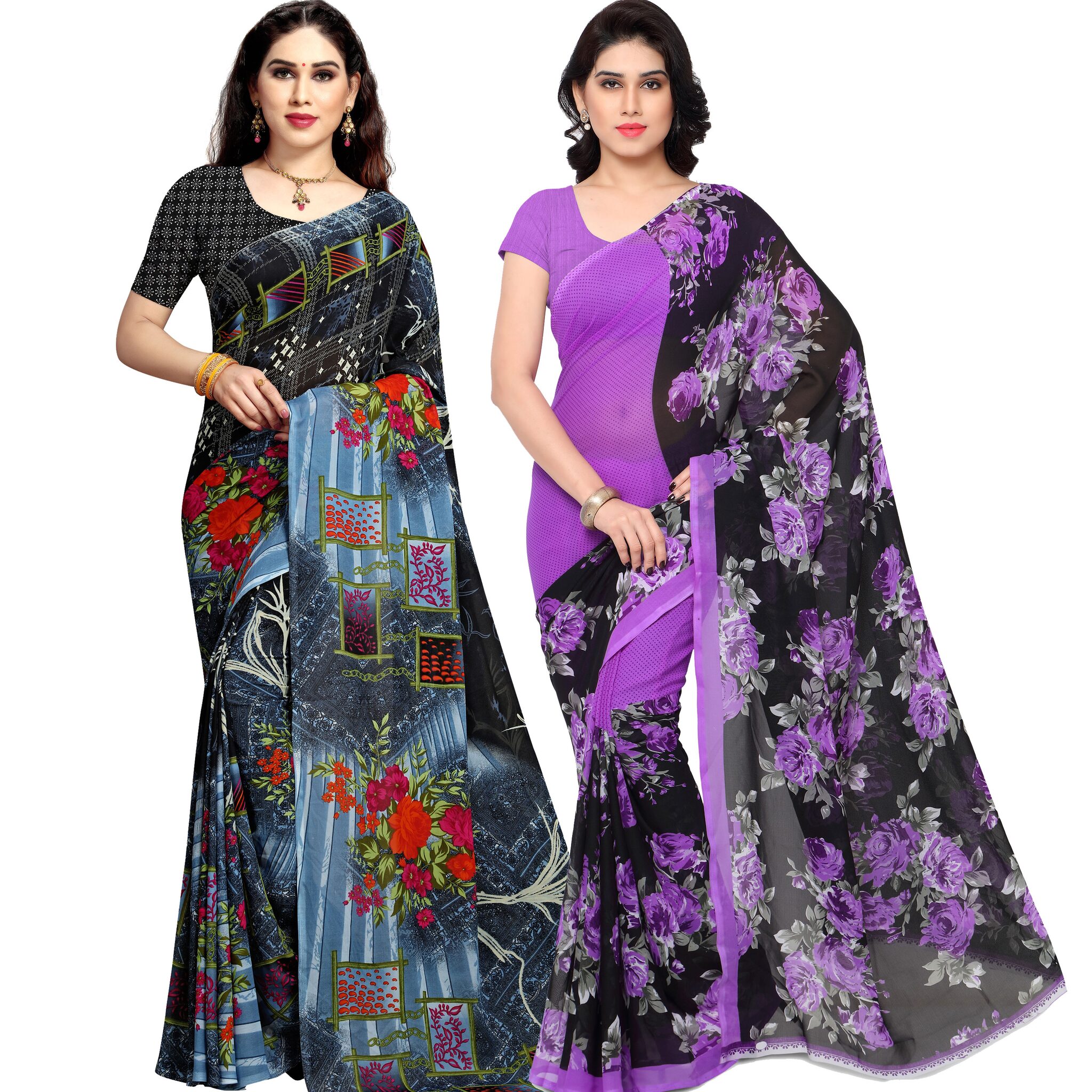 

Anand Sarees Women Georgette Floral Sarees (Multicolor) -Pack of 2