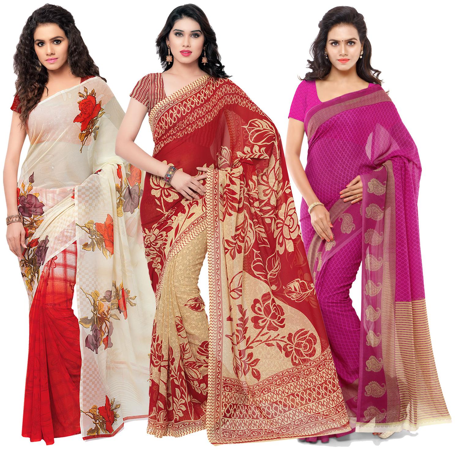 

Anand Sarees Women s Faux Georgette Multi Color Printed Pack Of 3 Sarees With Blouse Piece ( TRIO 1080 1086 5 1168 3 )
