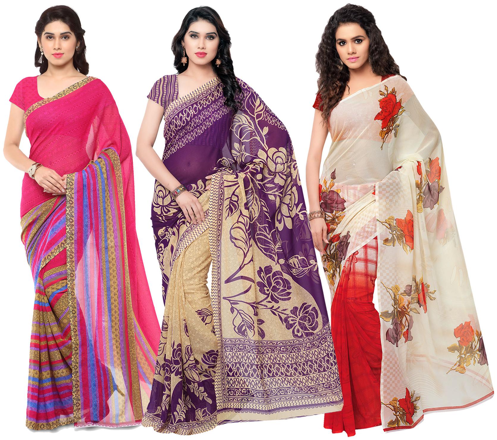 

Anand Sarees Women s Faux Georgette Multi Color Printed Pack Of 3 Sarees With Blouse Piece ( TRIO 1080 1086 6 1164 3 )
