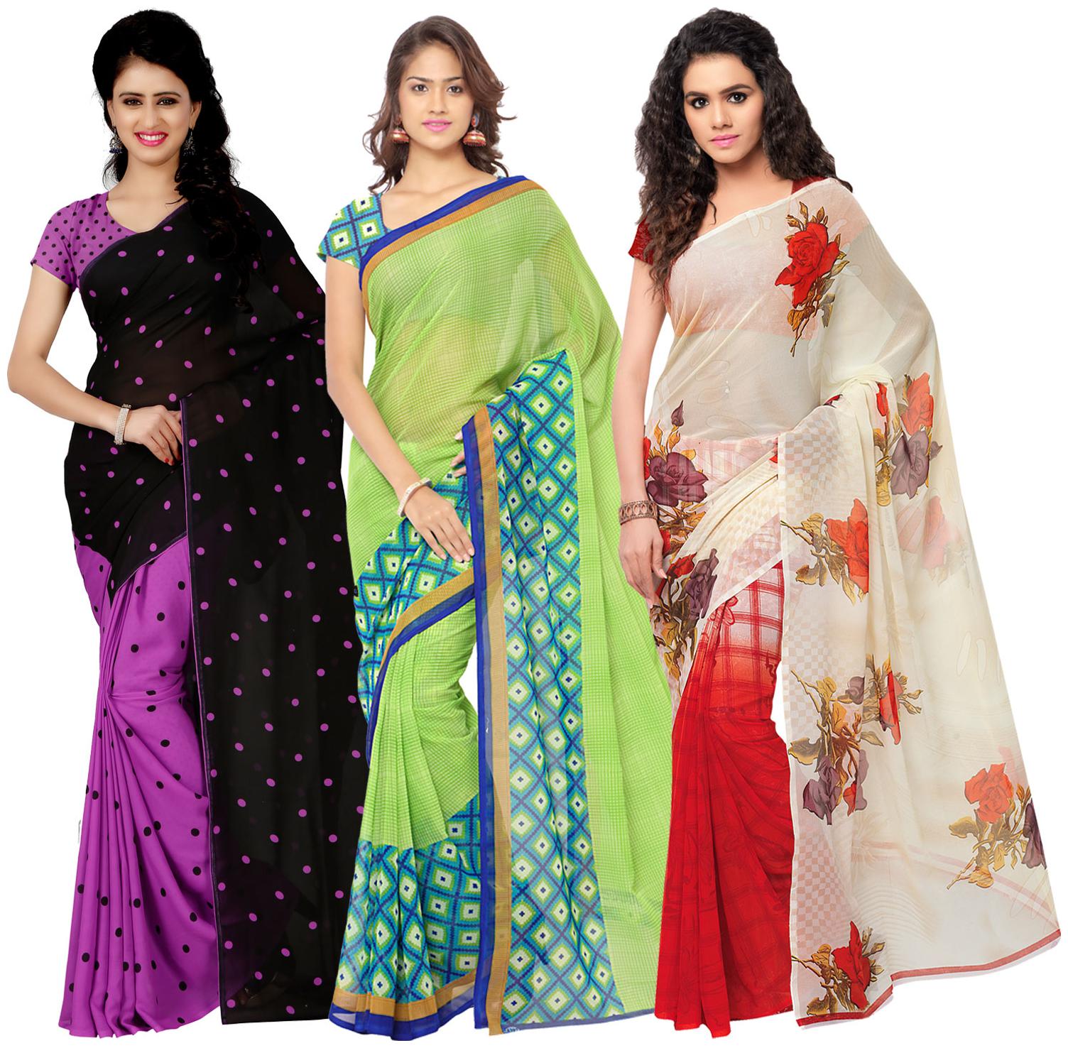 

Anand Sarees Women s Faux Georgette Multi Color Printed Pack Of 3 Sarees With Blouse Piece ( TRIO 1080 1115 2 1262 4 )