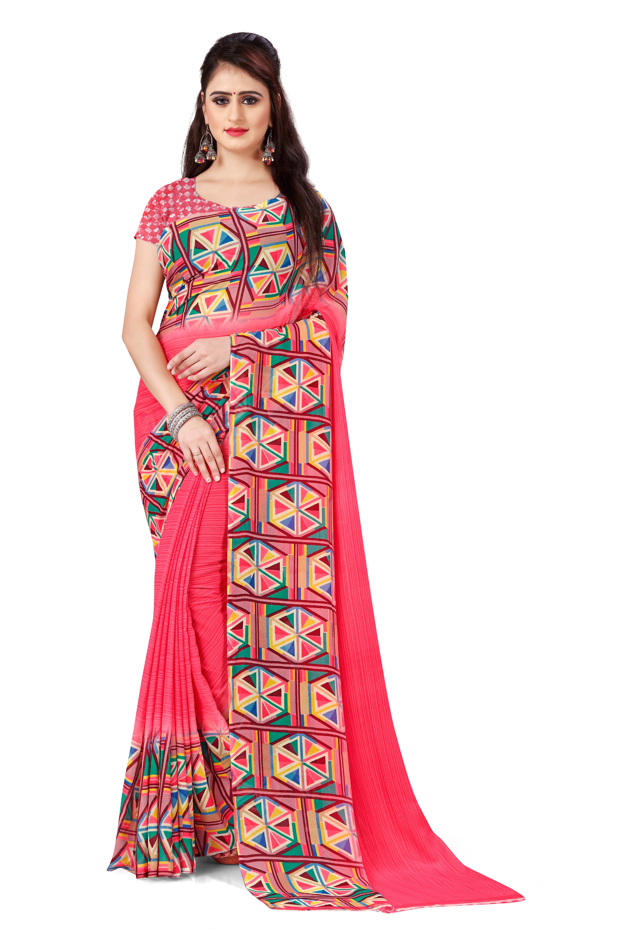

Anand Sarees Faux Georgette Geometric Red Regular Saree For Women