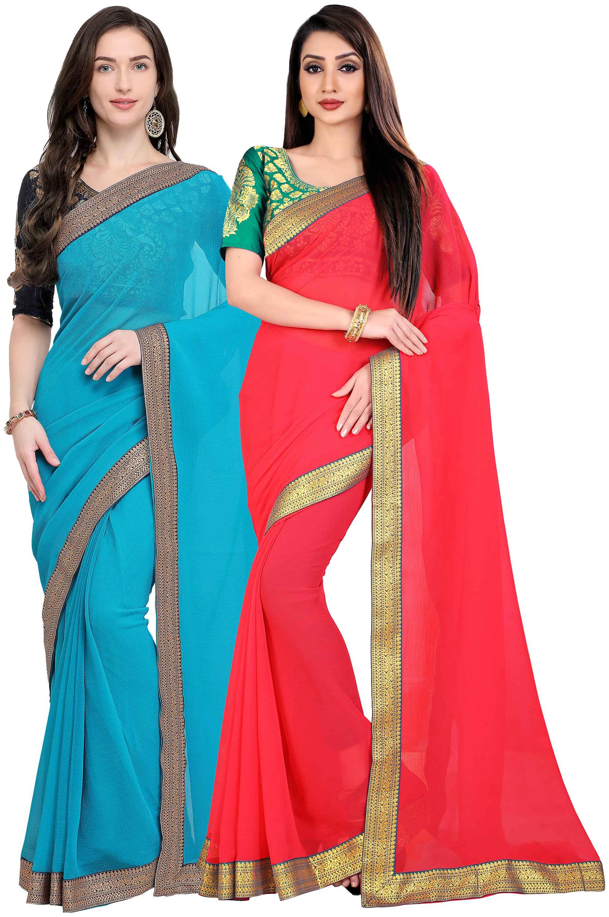 

Anand Sarees Women Chiffon sarees Blue Pink