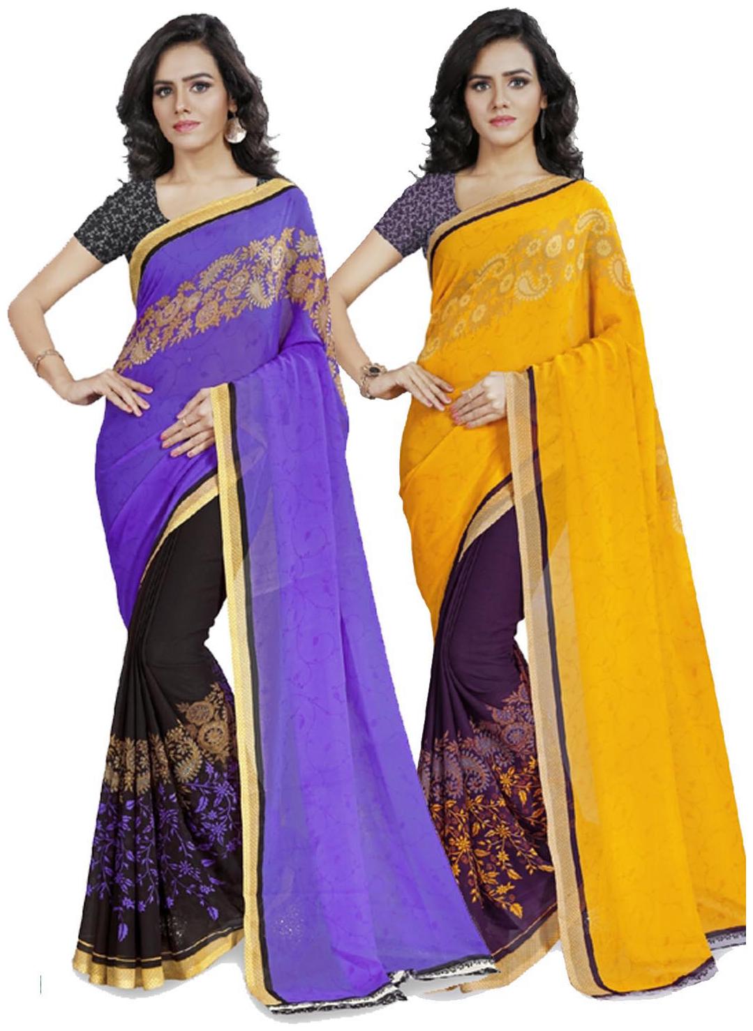 

Anand Sarees Faux Georgette Yellow Purple And Multi Color Printed Combo Saree With Blouse Piece ( 1190 2 1190 4 )