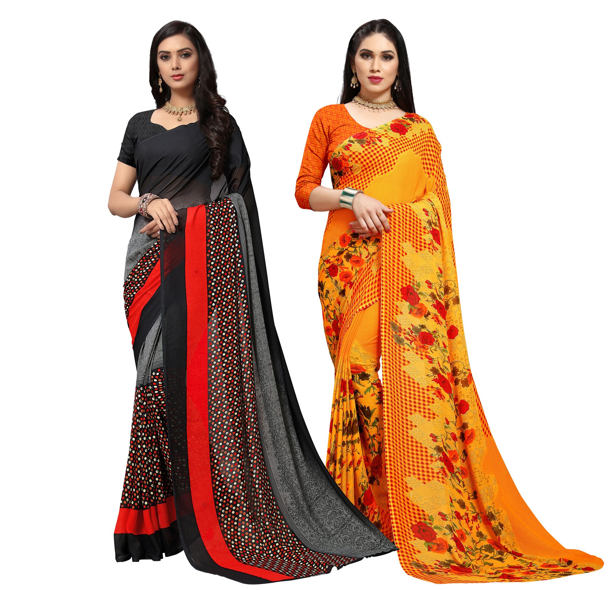 

Anand Sarees Women s Floral Georgette Sarees with Blouse Piece (Set of 2) -Multicolor