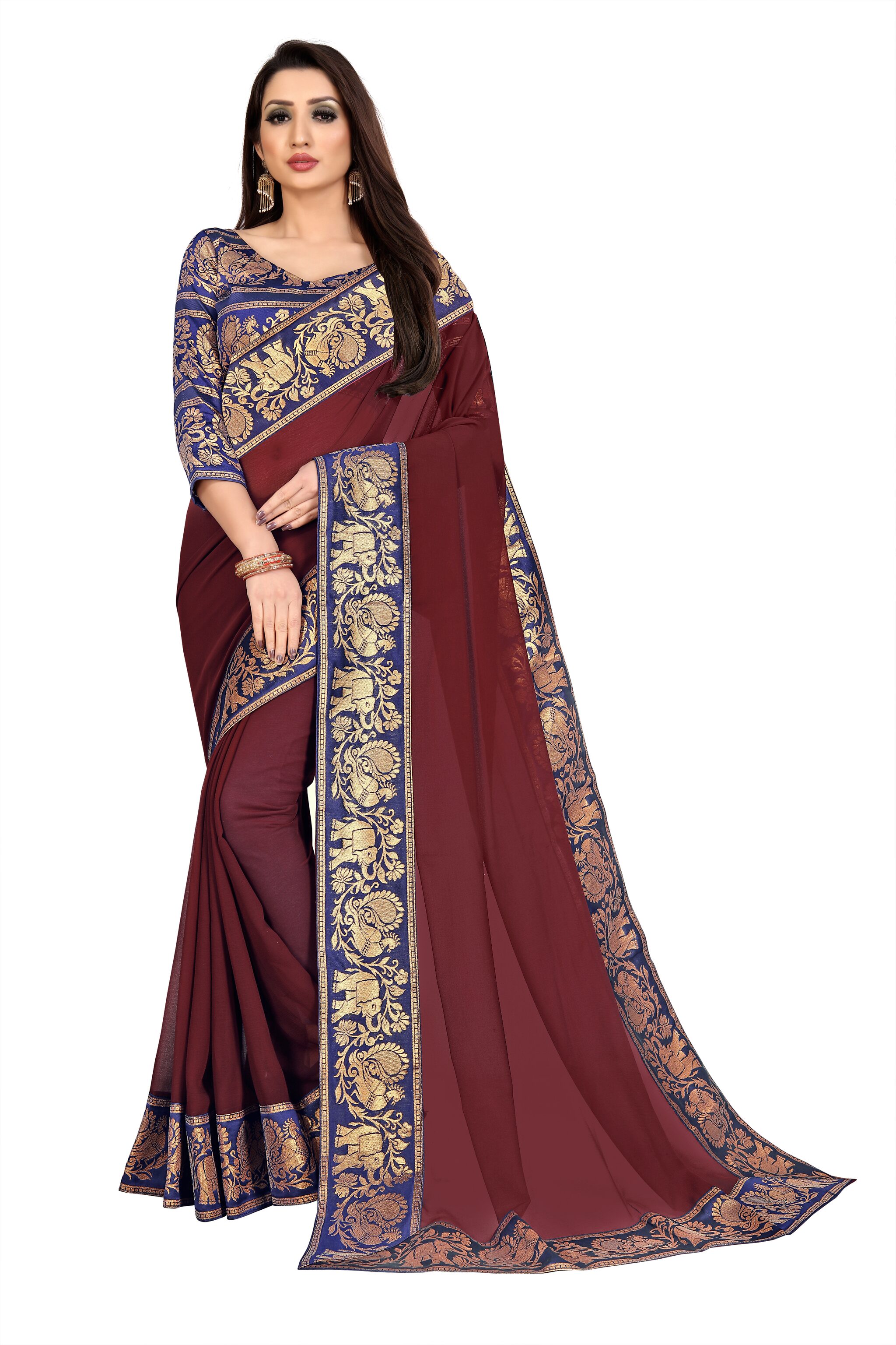 

Anand Sarees Chiffon Solid Brown Regular Saree For Women
