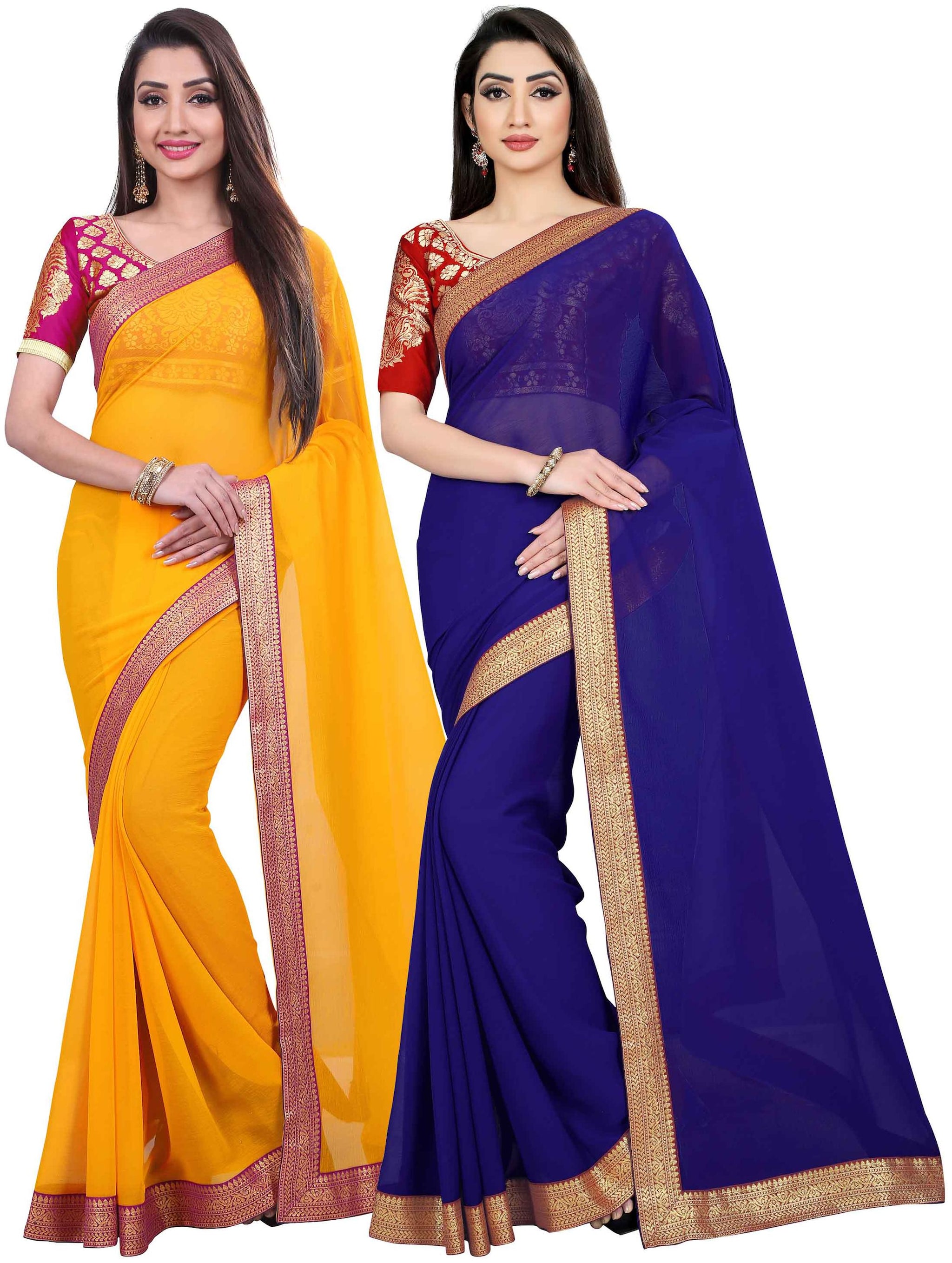 

Anand Sarees Women Chiffon sarees Yellow Blue