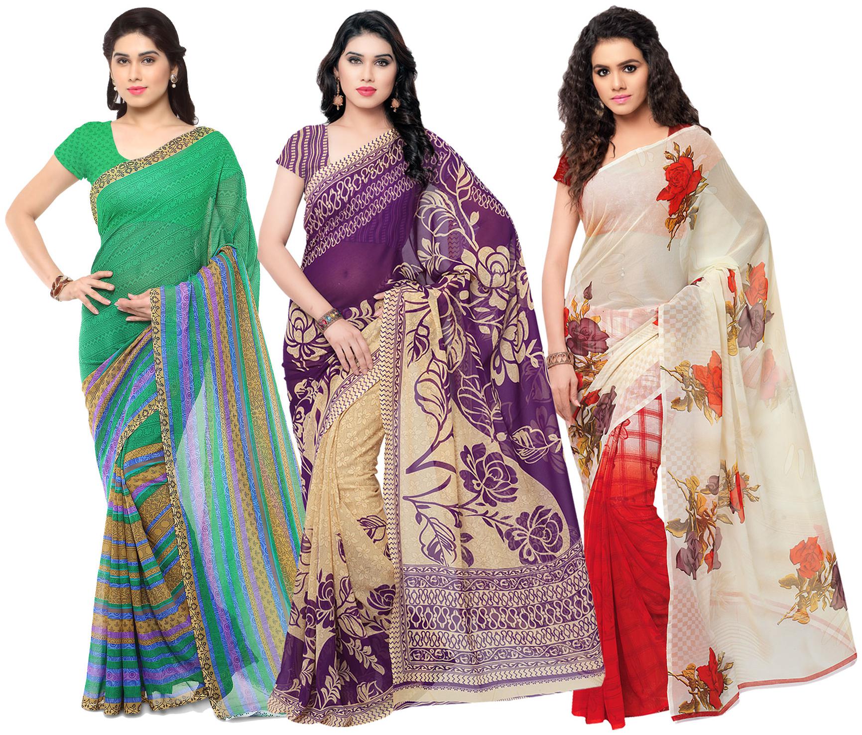

Anand Sarees Women s Faux Georgette Multi Color Printed Pack Of 3 Sarees With Blouse Piece ( TRIO 1080 1086 6 1164 4 )