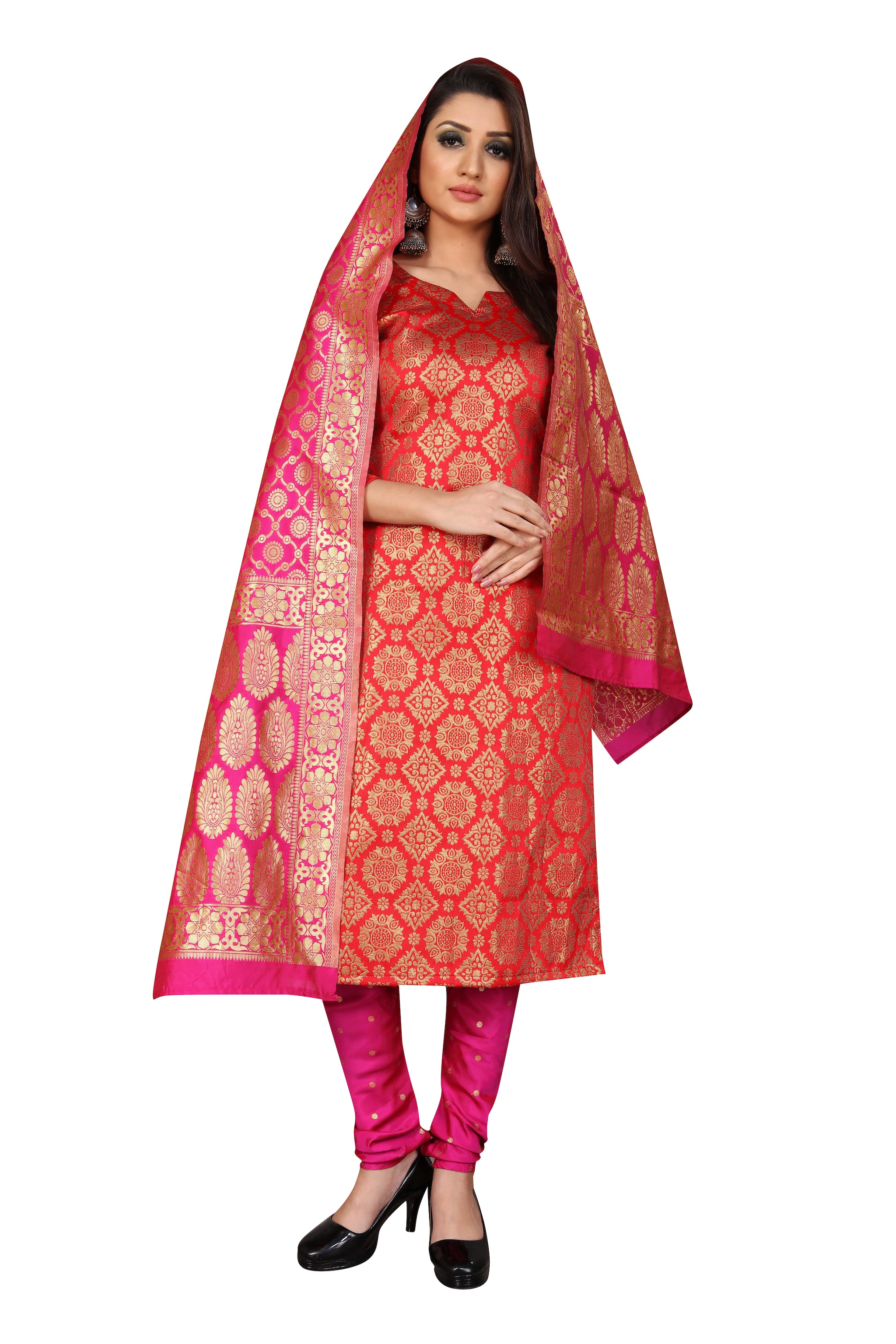 

Anand Sarees Red Unstitched Kurta with bottom dupatta With dupatta Dress Material