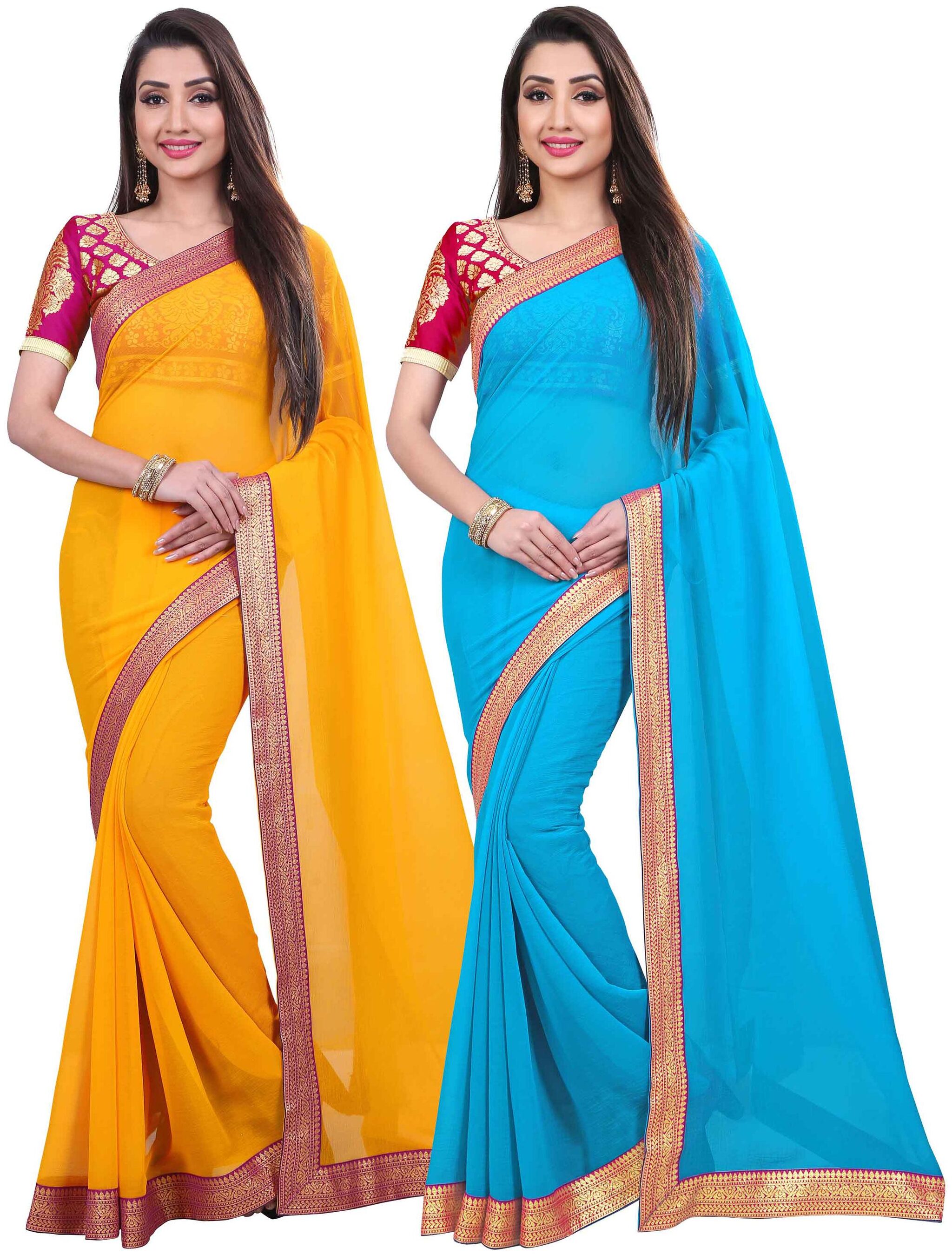 

Anand Sarees Women Chiffon sarees Yellow Blue