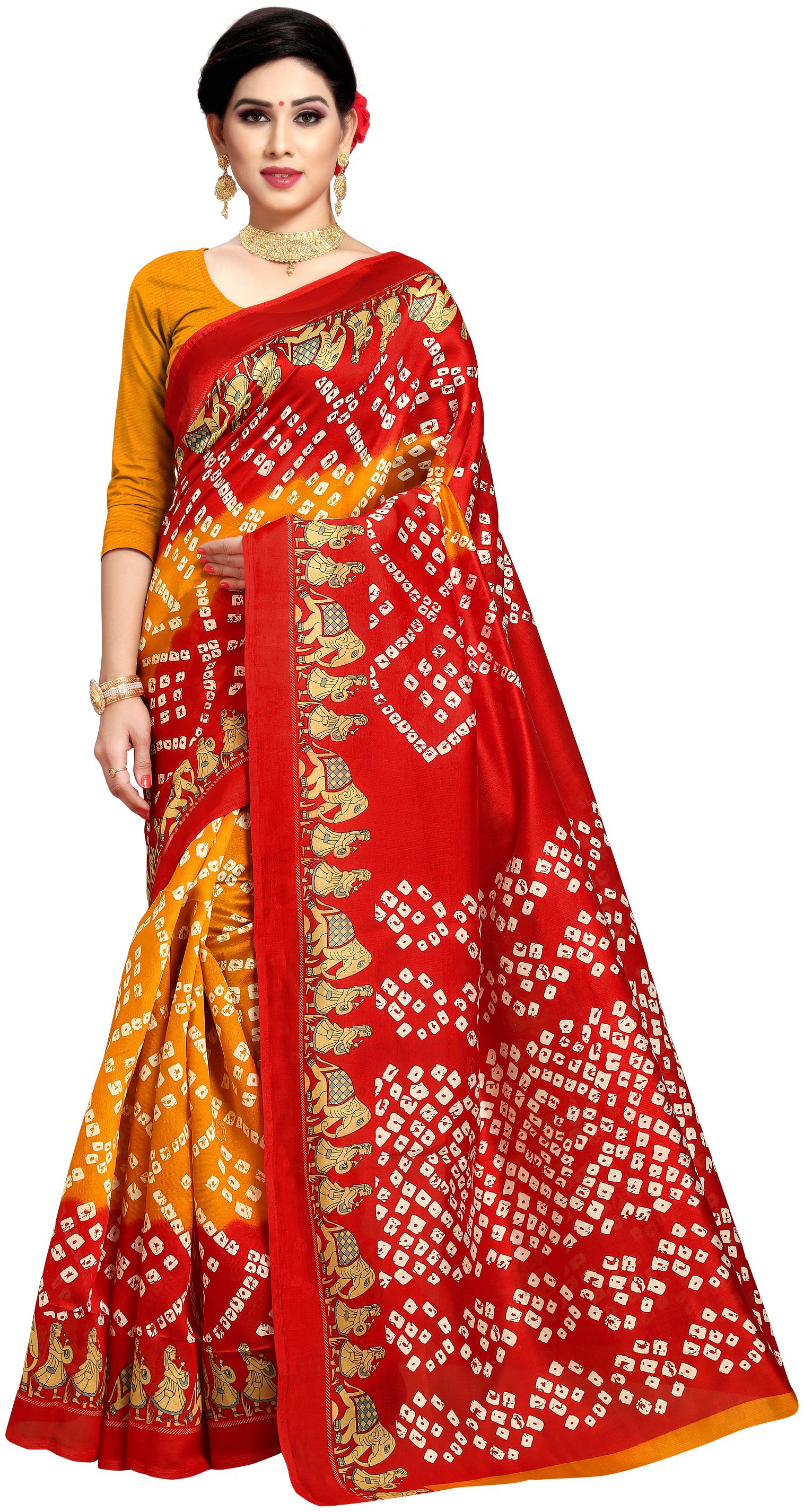 

Anand Sarees Silk Bandhani Print Regular Saree With Blouse For Women Color Yellow Red