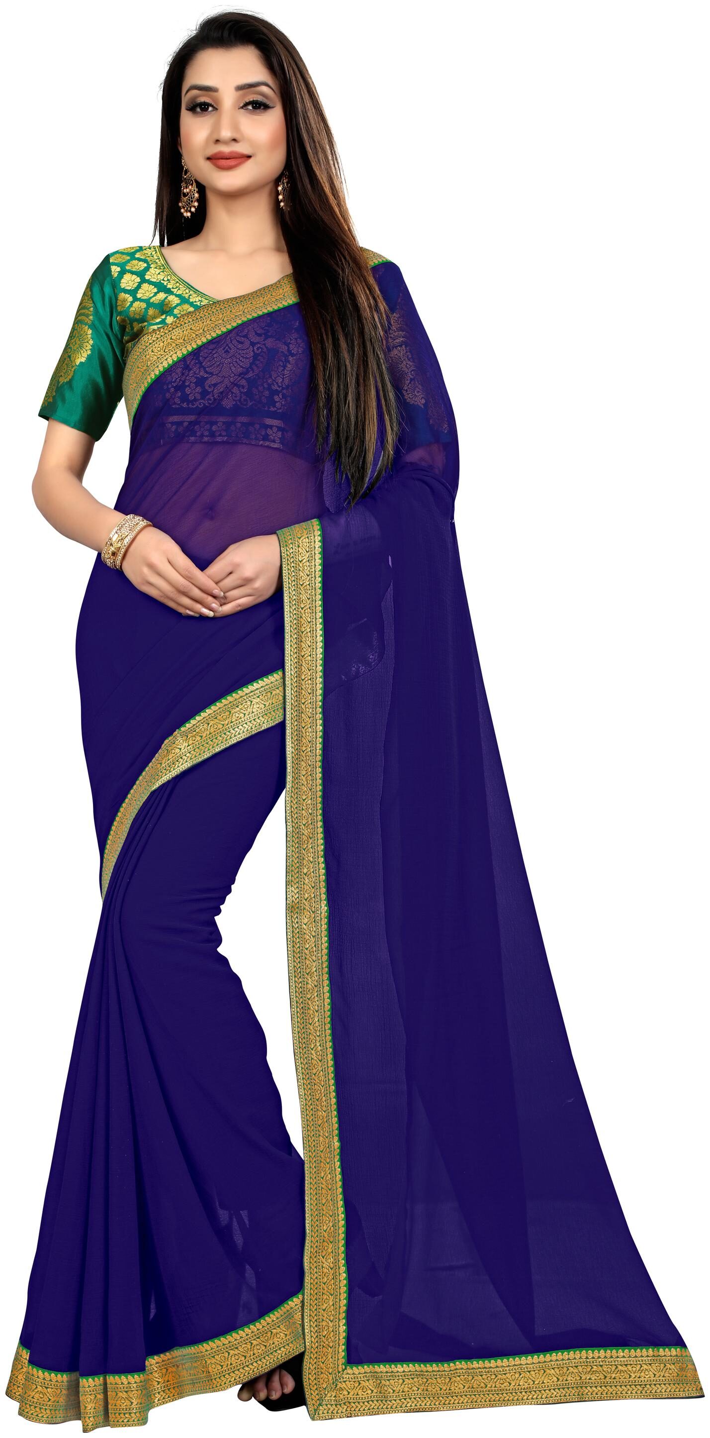 

Anand Sarees Blue Solid Universal Regular Saree With Blouse With blouse