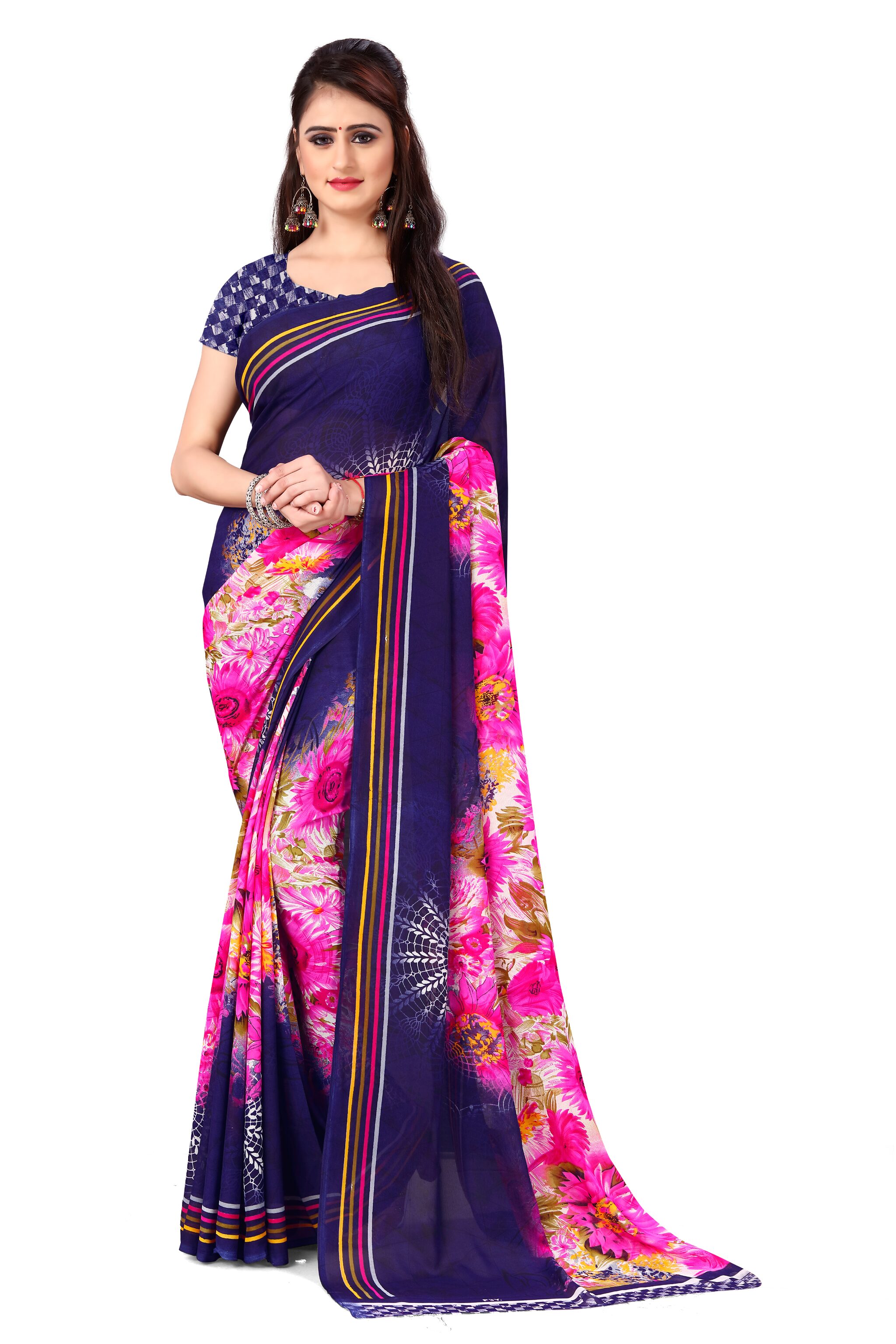

Anand Sarees Faux Georgette Floral Blue Color Saree with Blouse Piece