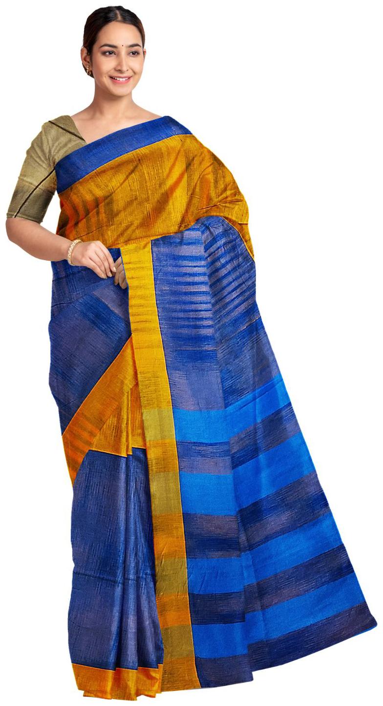 

Anik Saree Women Cotton Striped Blue Mustard Regular Saree With Blouse