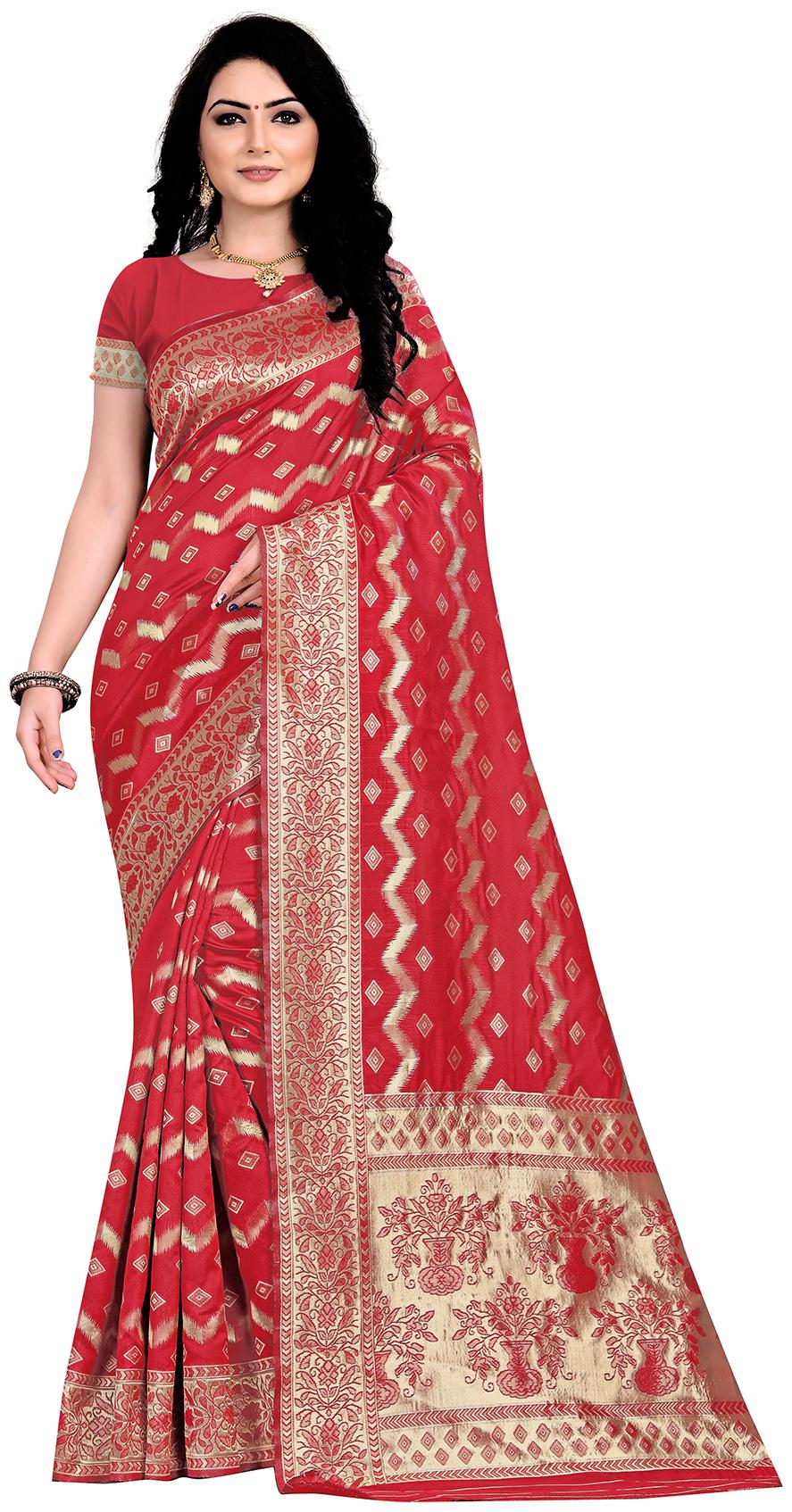 

Anjaneya Sarees Silk Woven Red Saree For Women