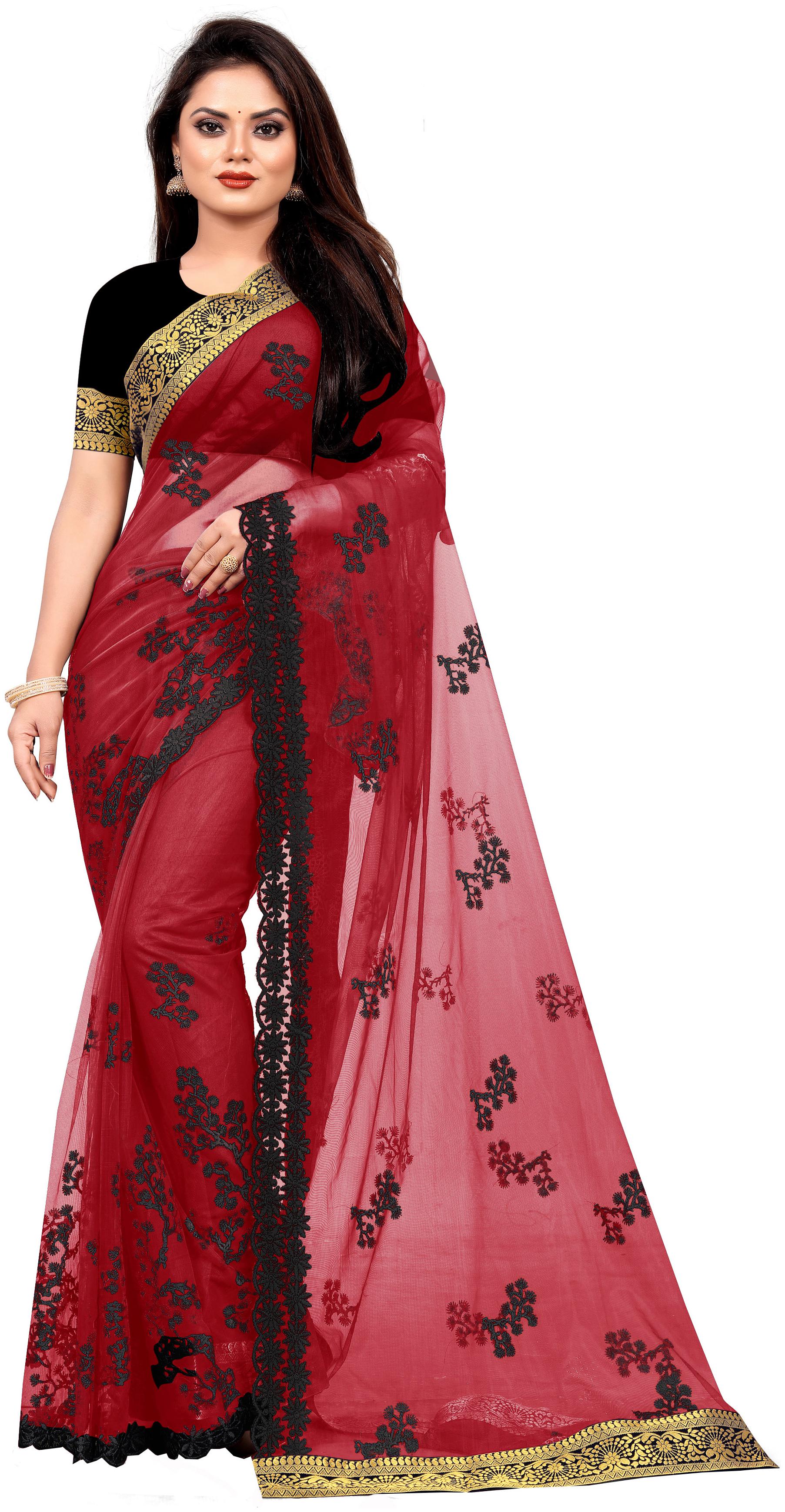 

Anjaneya Sarees Net Red Embroidered saree For Women