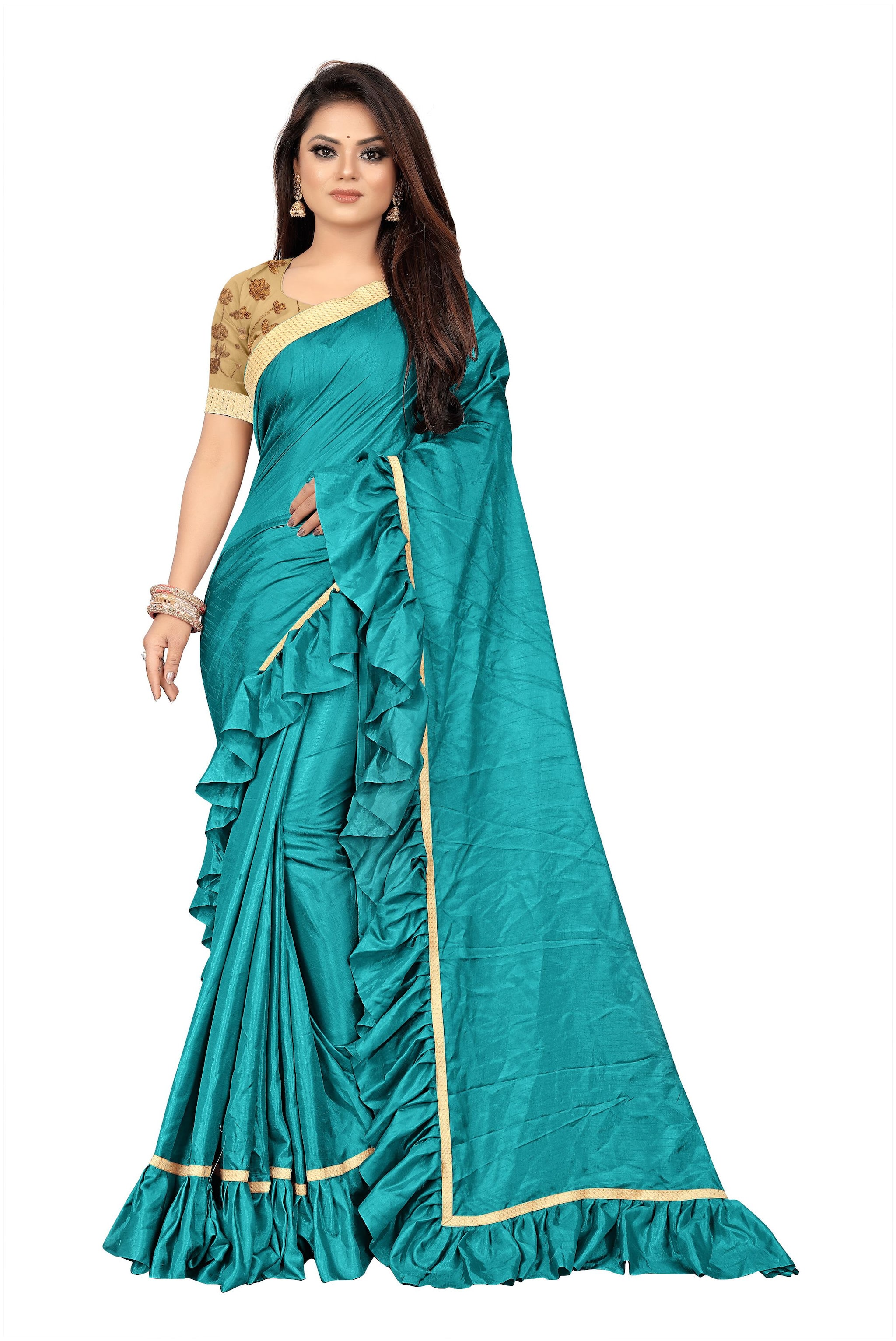 

Anjaneya Sarees Vichitra silk Turquoise Solid saree For Women