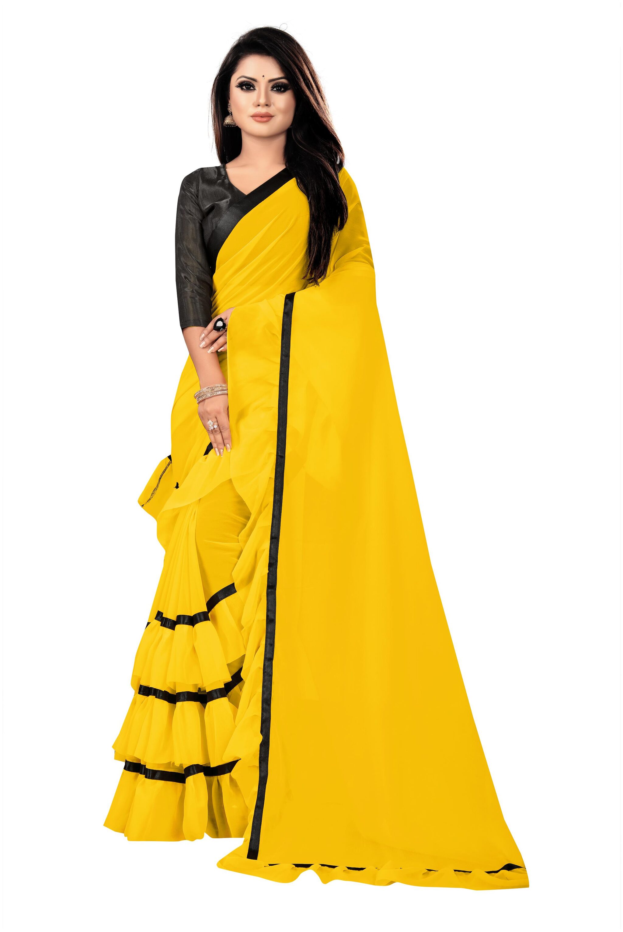 

Anjaneya Sarees Georgette Solid Yellow Ruffle Saree For Women