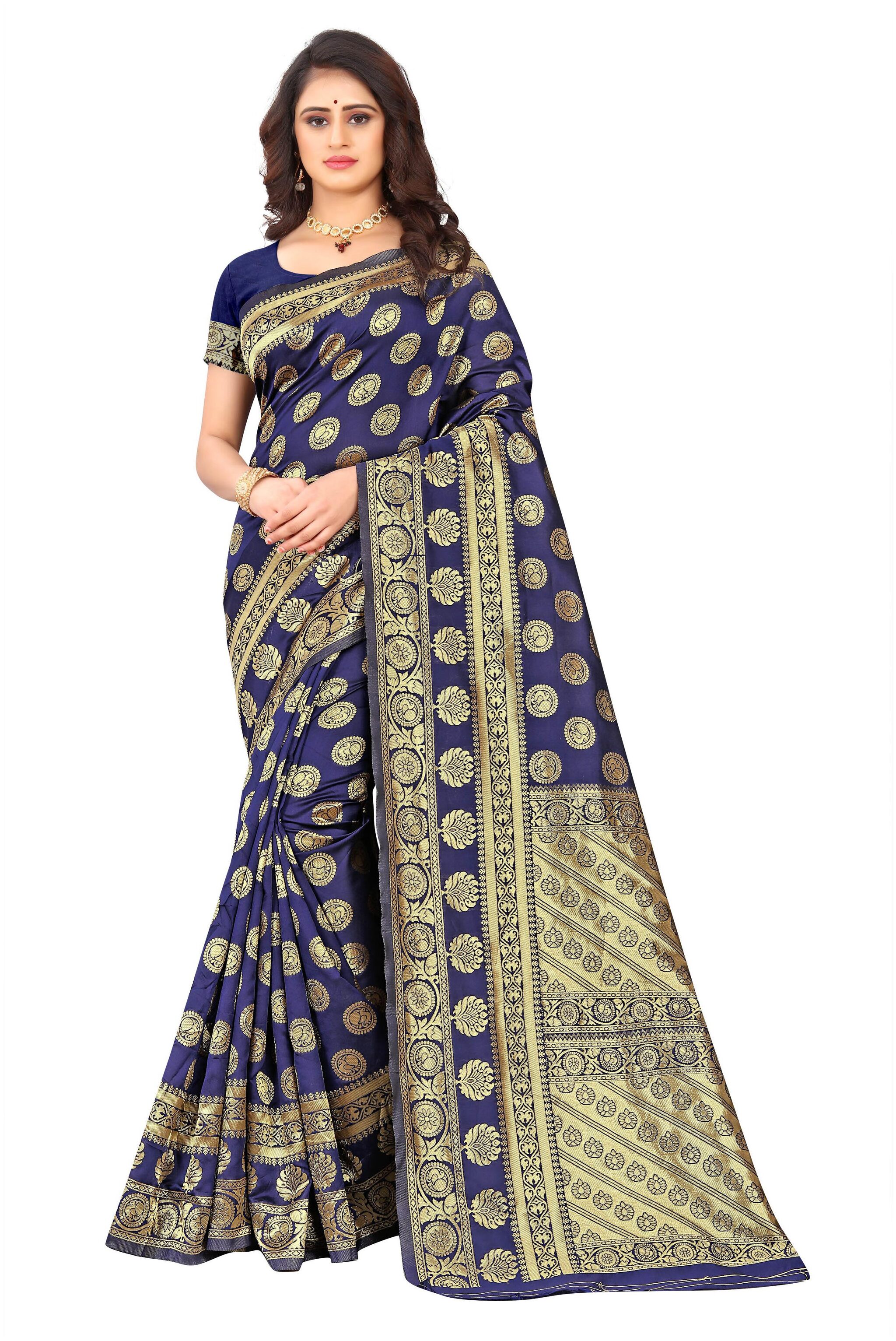 

Anjaneya Sarees Silk Woven Navy Blue Saree For Women