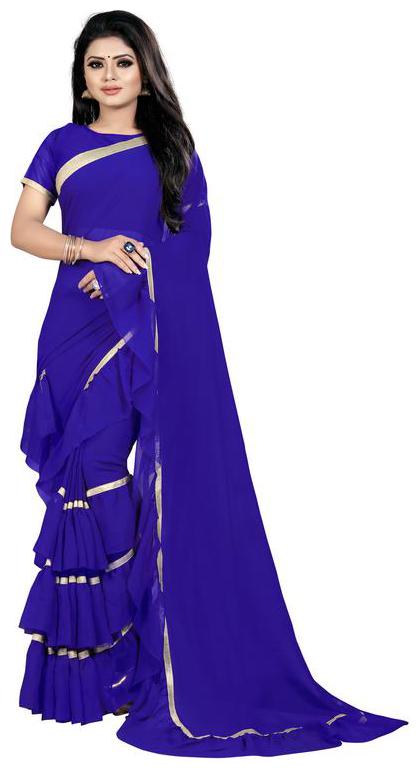 

Anjaneya Sarees Blue Self Design Georgette Ruffle Designer Saree With Blouse(Frill Sarees)