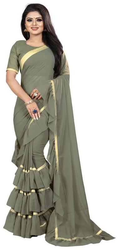 

Anjaneya Sarees Olive Self Design Georgette Ruffle Designer Saree With Blouse(Frill Sarees)