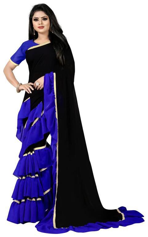 

Anjaneya Sarees Black Blue Self Design Georgette Ruffle Designer Saree With Blouse(Frill Sarees)