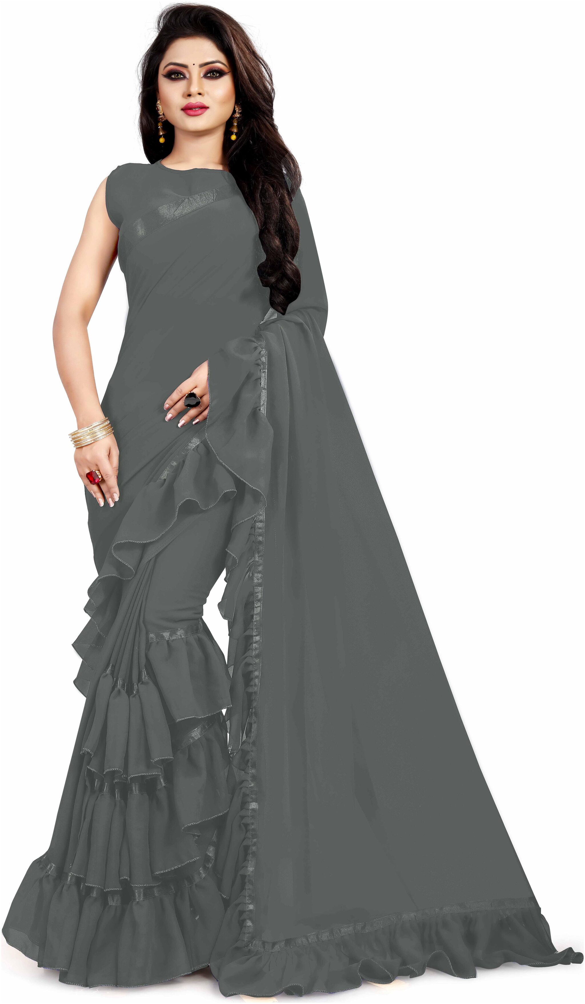 

Anjaneya Sarees Grey Solid Universal Regular Saree With blouse