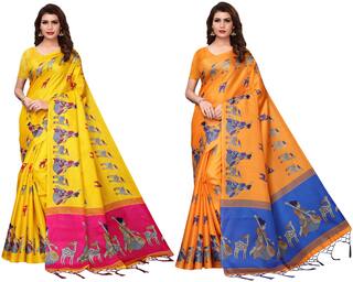 Anni Designer Women Multi Color Mysore Silk Printed Pack Of 2 Sarees With Blouse Piece