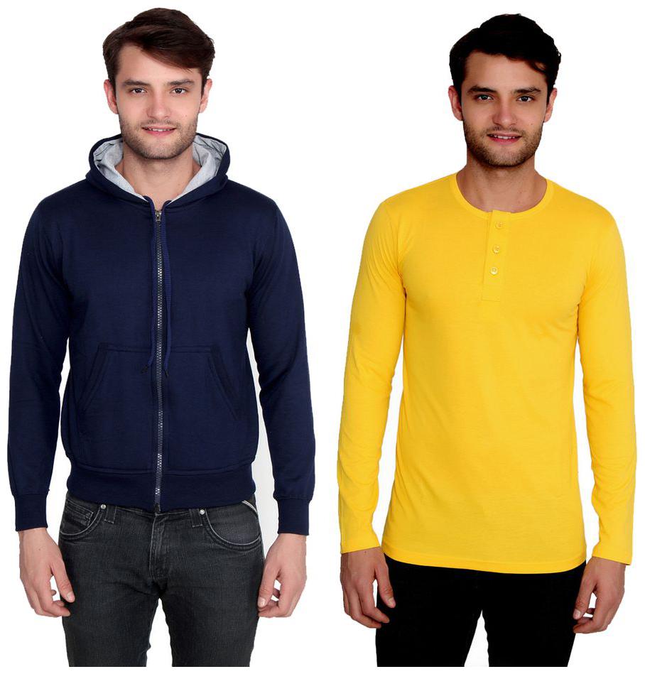 

Ansh Fashion Wear Men s Solid Color Cotton Blend Full Hooded Sleeves Sweatshirt Henley T-Shirt Pack Of 2