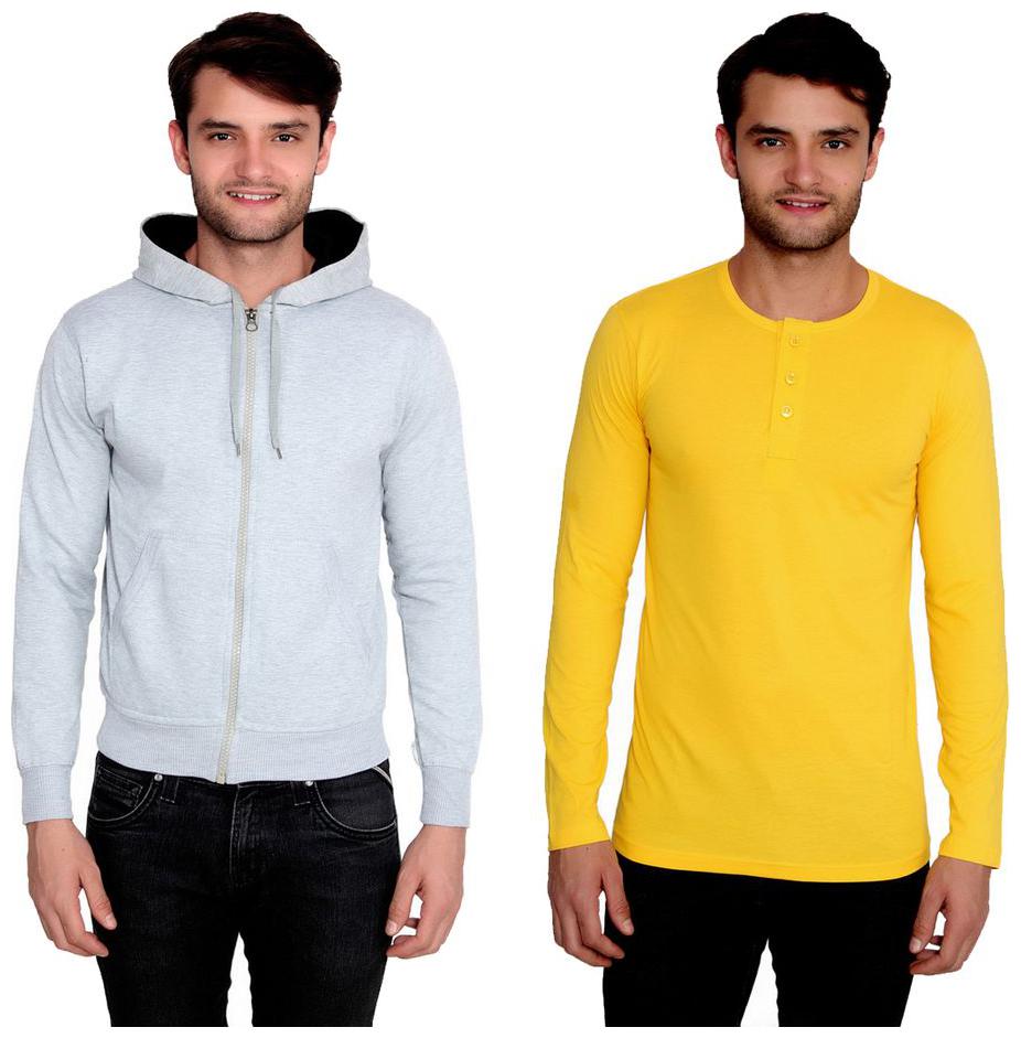 

Ansh Fashion Wear Men s Solid Color Cotton Blend Full Hooded Sleeves Sweatshirt Henley T-Shirt Pack Of 2