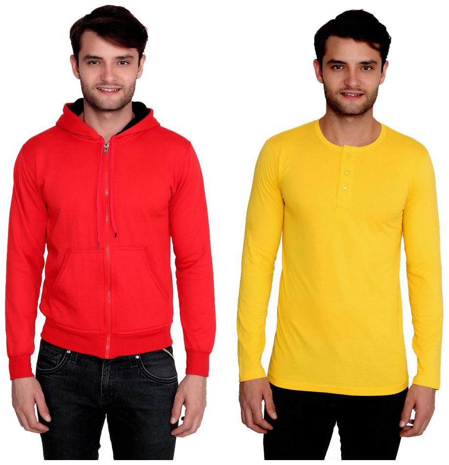 

Ansh Fashion Wear Men s Solid Color Cotton Blend Full Hooded Sleeves Sweatshirt Henley T-Shirt Pack Of 2