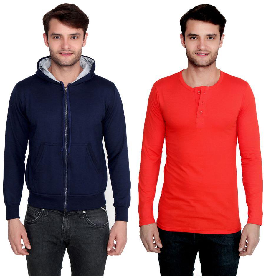 

Ansh Fashion Wear Men s Solid Color Cotton Blend Full Hooded Sleeves Sweatshirt Henley T-Shirt Pack Of 2