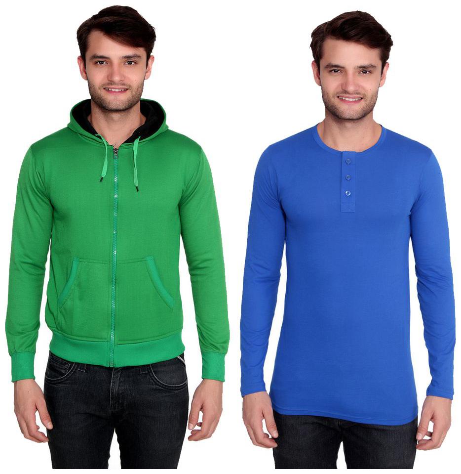 

Ansh Fashion Wear Men s Solid Color Cotton Blend Full Hooded Sleeves Sweatshirt Henley T-Shirt Pack Of 2