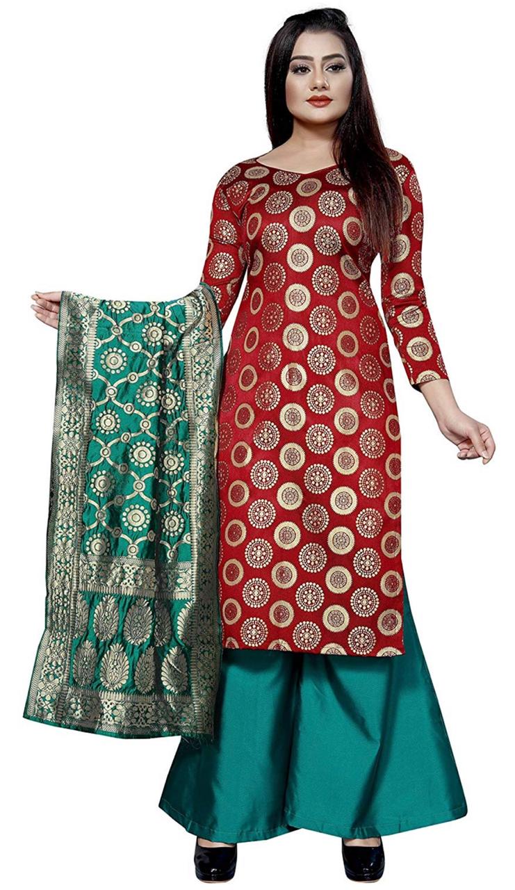 

Anshukam Red Unstitched Kurta with bottom dupatta With dupatta Dress Material