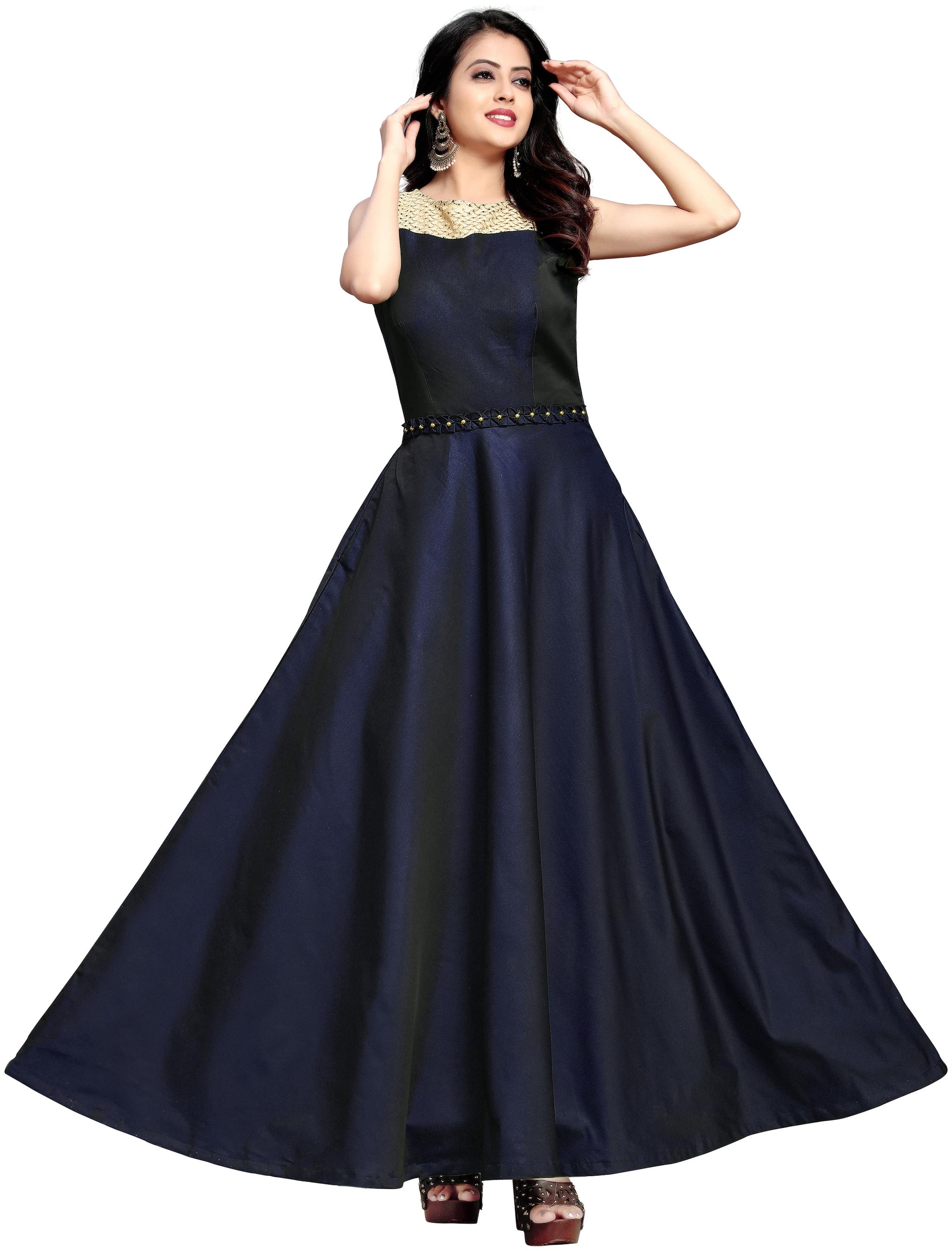 

Anu Clothing Satin Solid Stitched Gown For Women -Navy Blue