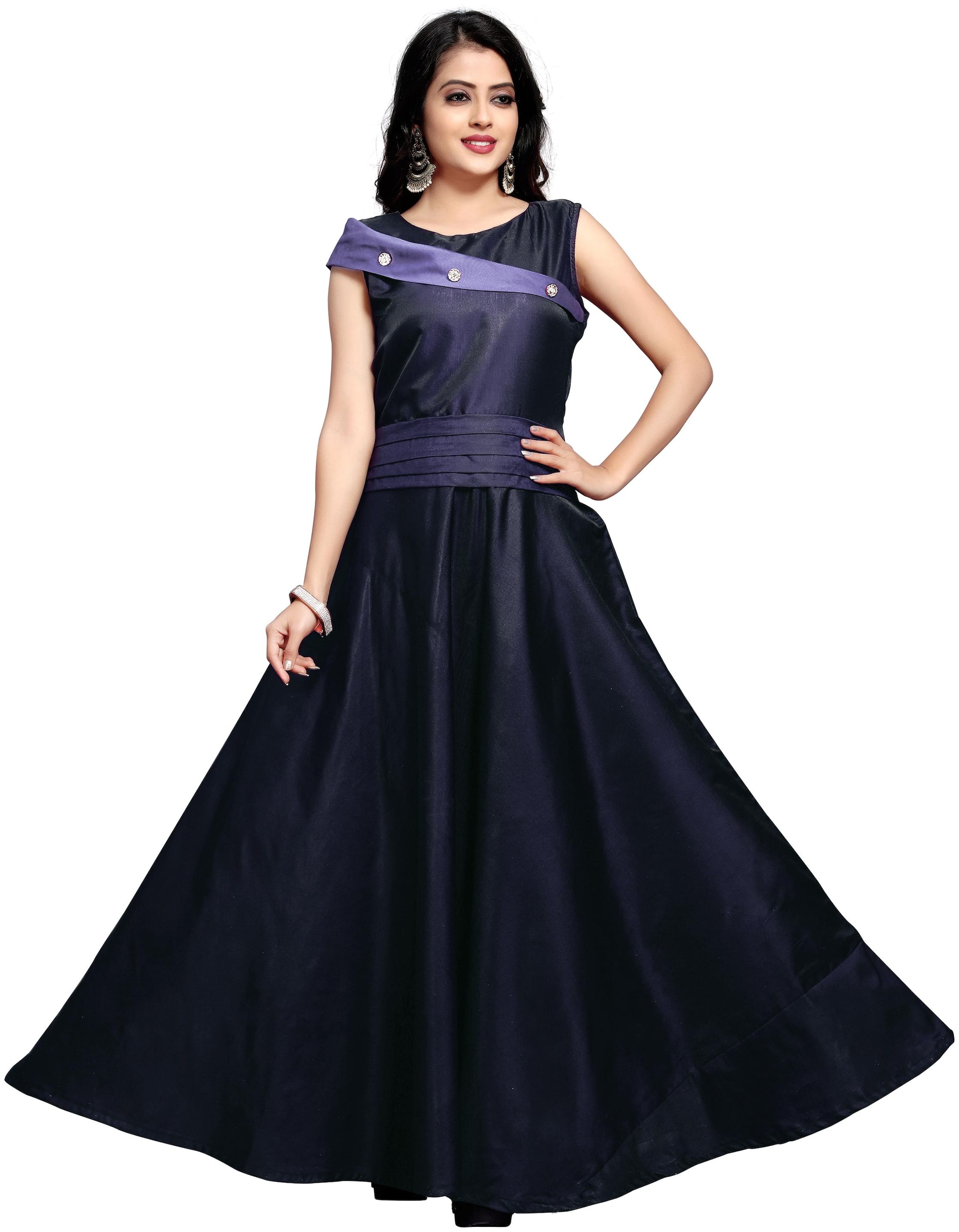 

Anu Clothing Satin Solid Stitched Gown For Women -Navy Blue