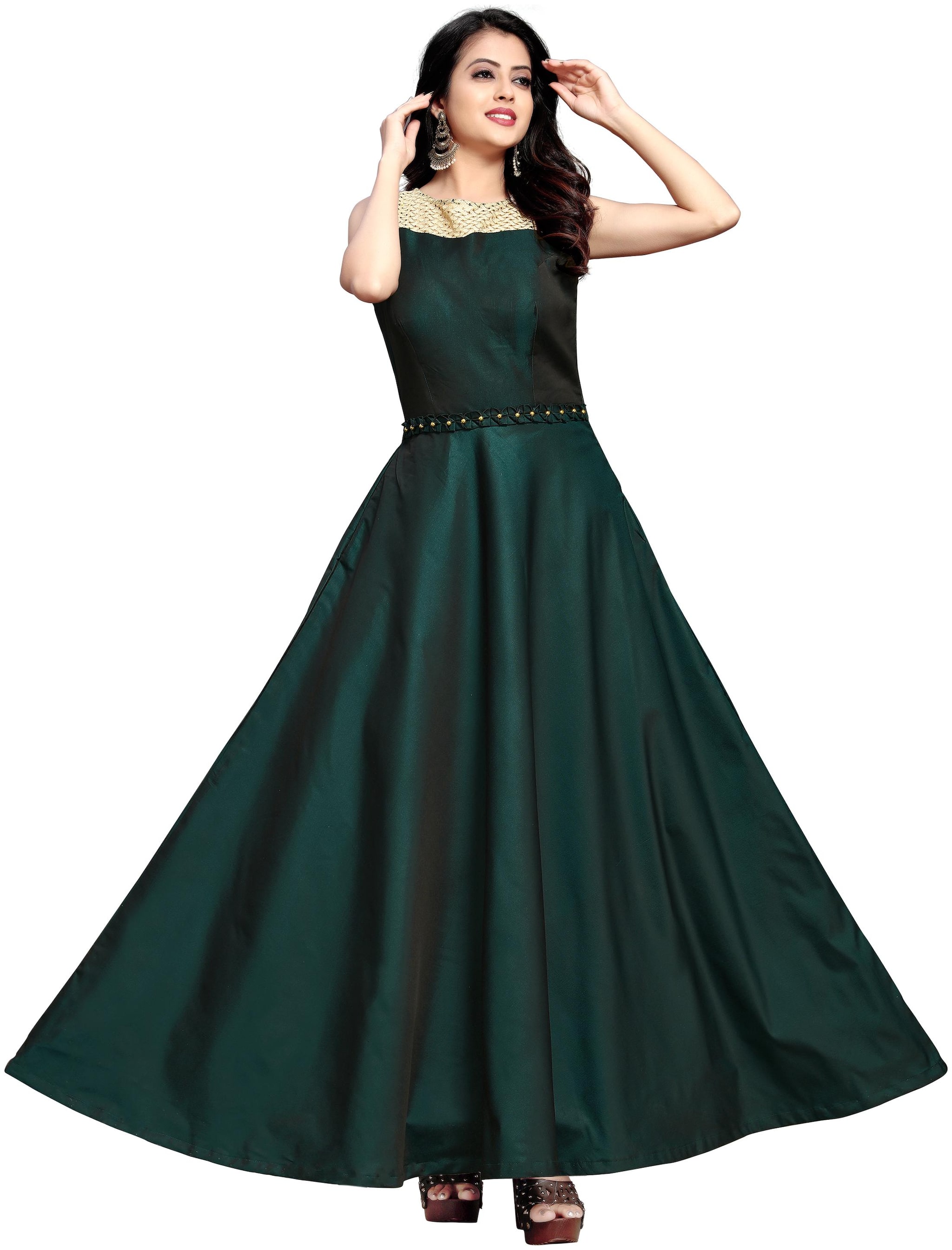 

Anu Clothing Satin Solid Stitched Gown For Women -Green