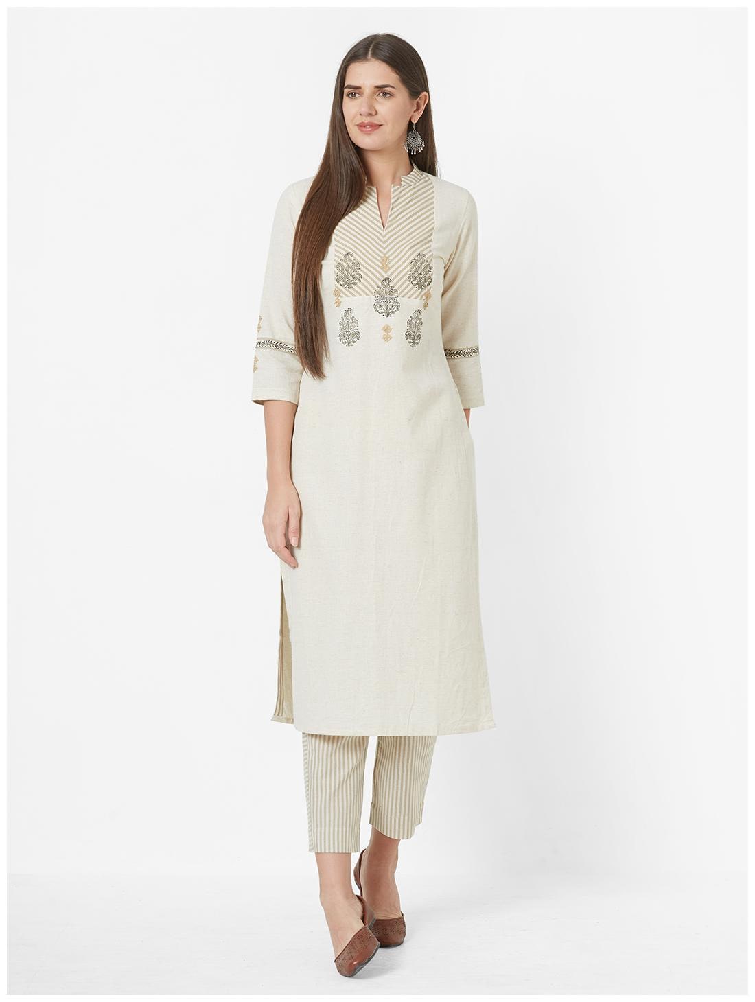 

ANVITA Beidge Cotton Printed Kurti and Pant Set