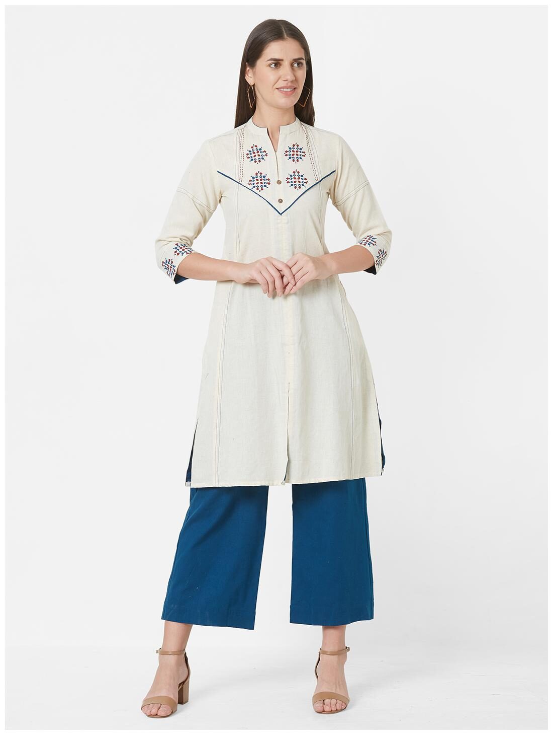 

ANVITA Beige Cotton Blend Printed Kurti and Pant Set